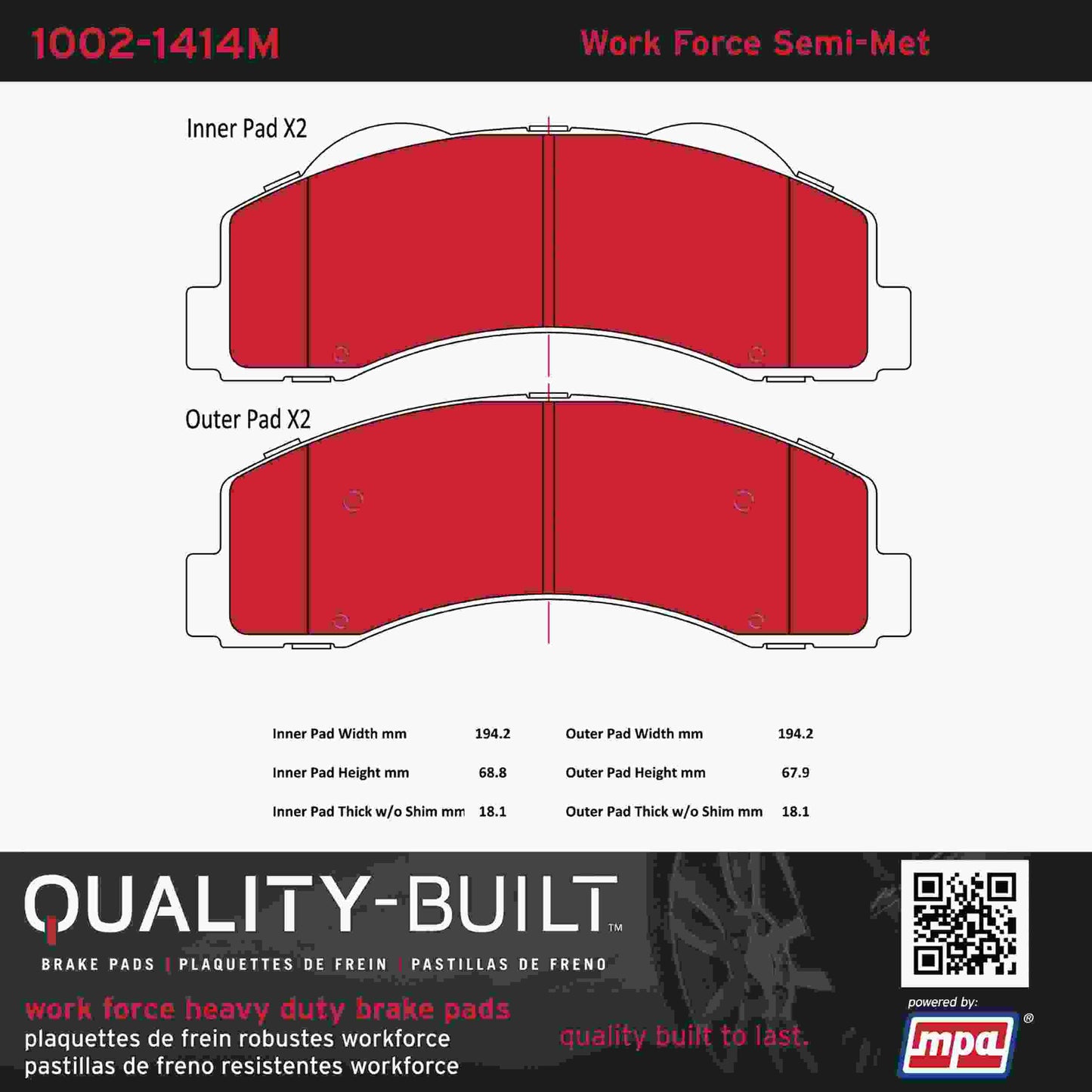Quality-Built Quality-Built Work Force Heavy Duty Brake Pads w/ Hardware 1002-1414M