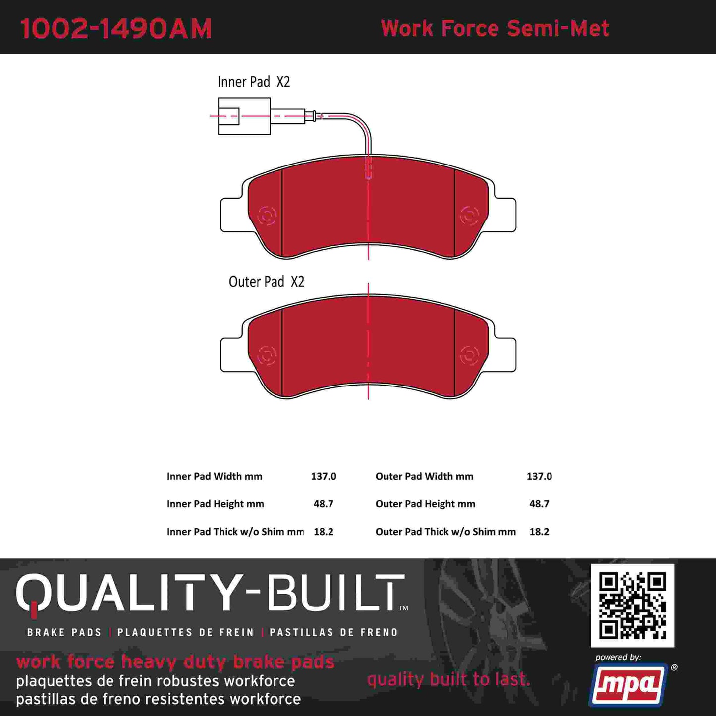 Quality-Built Quality-Built Work Force Heavy Duty Brake Pads 1002-1490AM