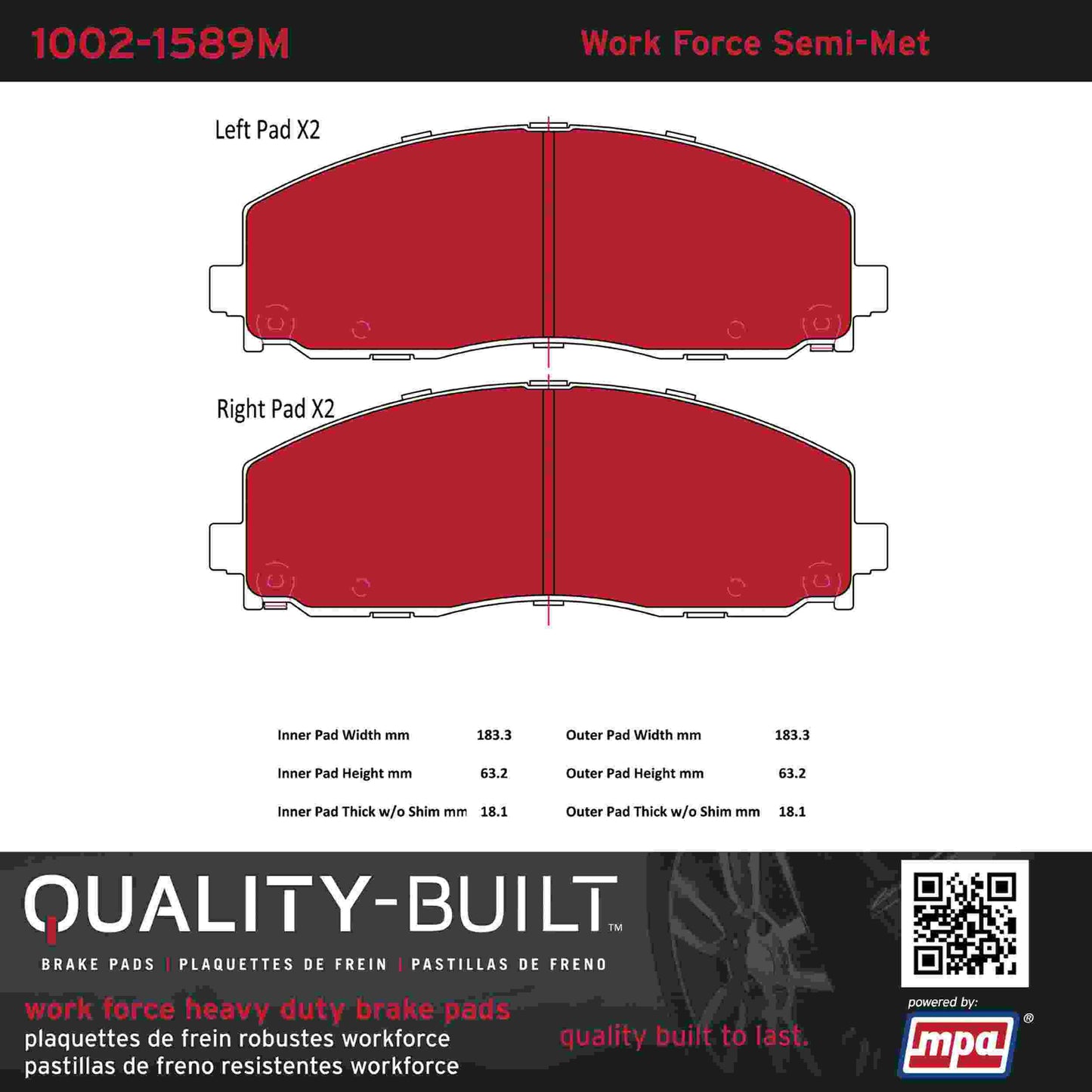 Quality-Built Quality-Built Work Force Heavy Duty Brake Pads w/ Hardware 1002-1589M