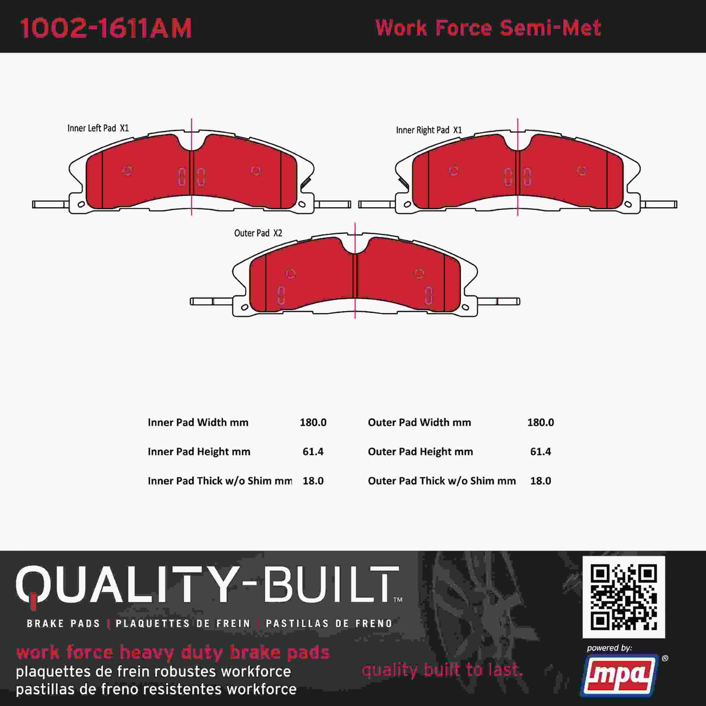 Quality-Built Quality-Built Work Force Heavy Duty Brake Pads w/ Hardware 1002-1611AM
