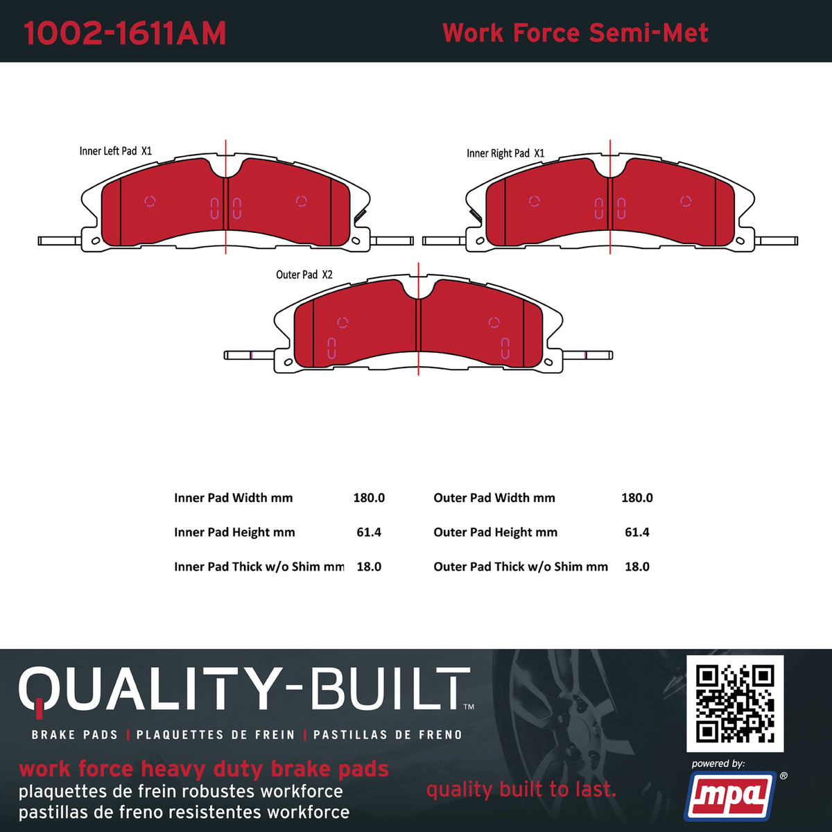 Quality-Built Quality-Built Work Force Heavy Duty Brake Pads w/ Hardware 1002-1611AM