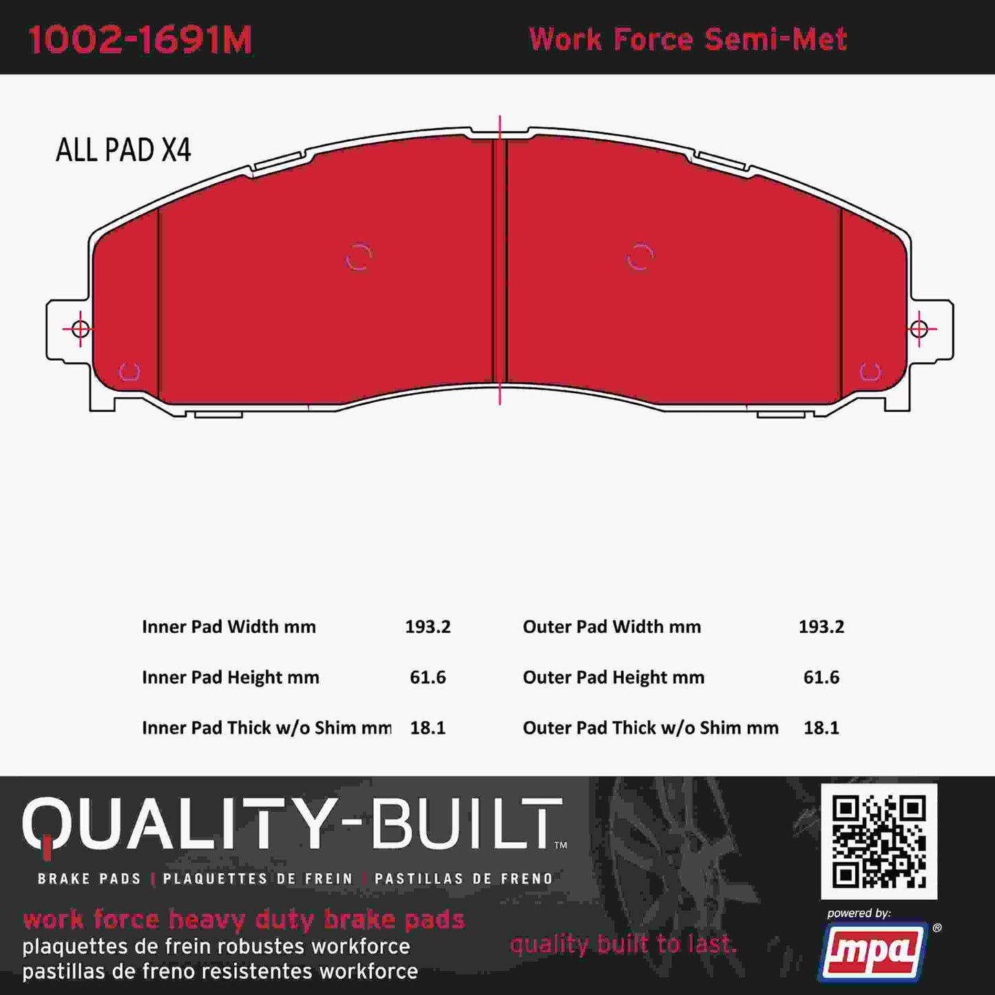 Quality-Built Quality-Built Work Force Heavy Duty Brake Pads w/ Hardware 1002-1691M
