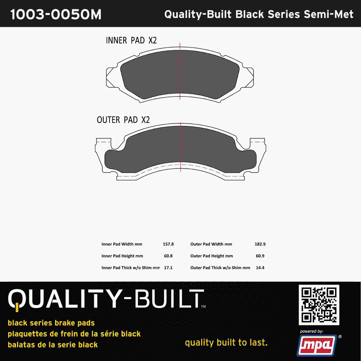 Quality-Built Black Series Semi-Metallic Brake Pads 1003-0050M