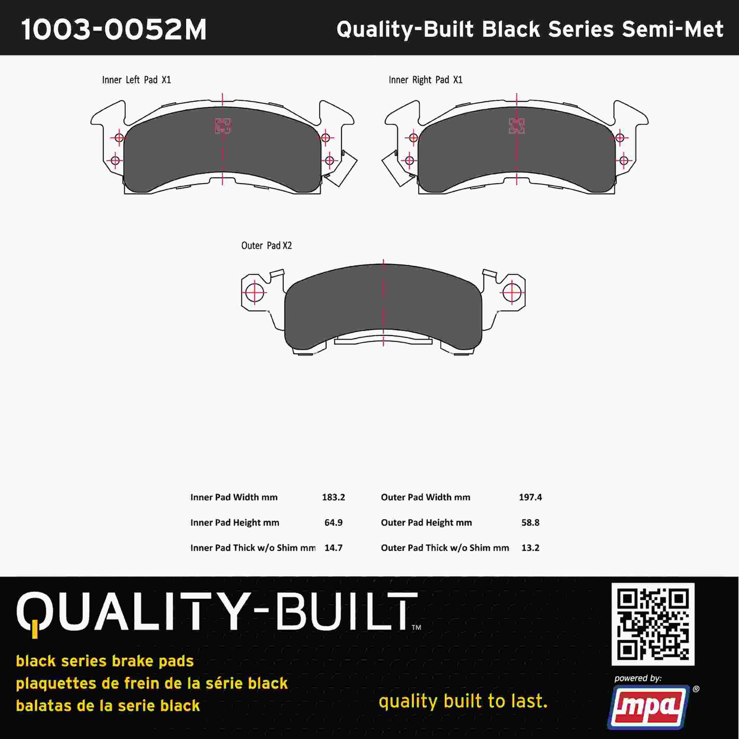 Quality-Built Black Series Semi-Metallic Brake Pads 1003-0052M