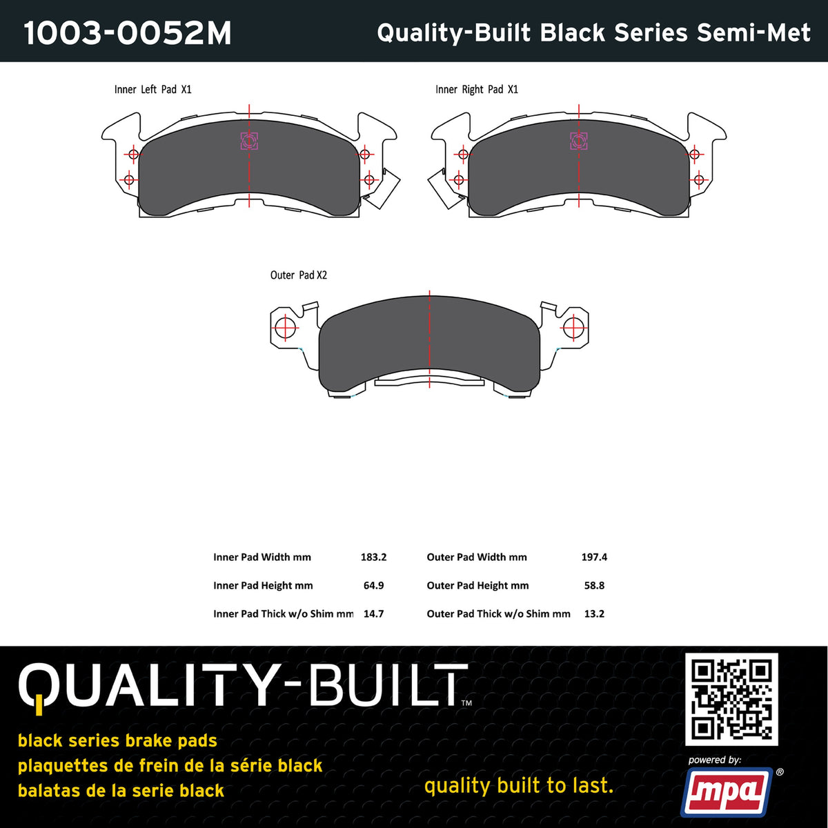 Quality-Built Black Series Semi-Metallic Brake Pads 1003-0052M