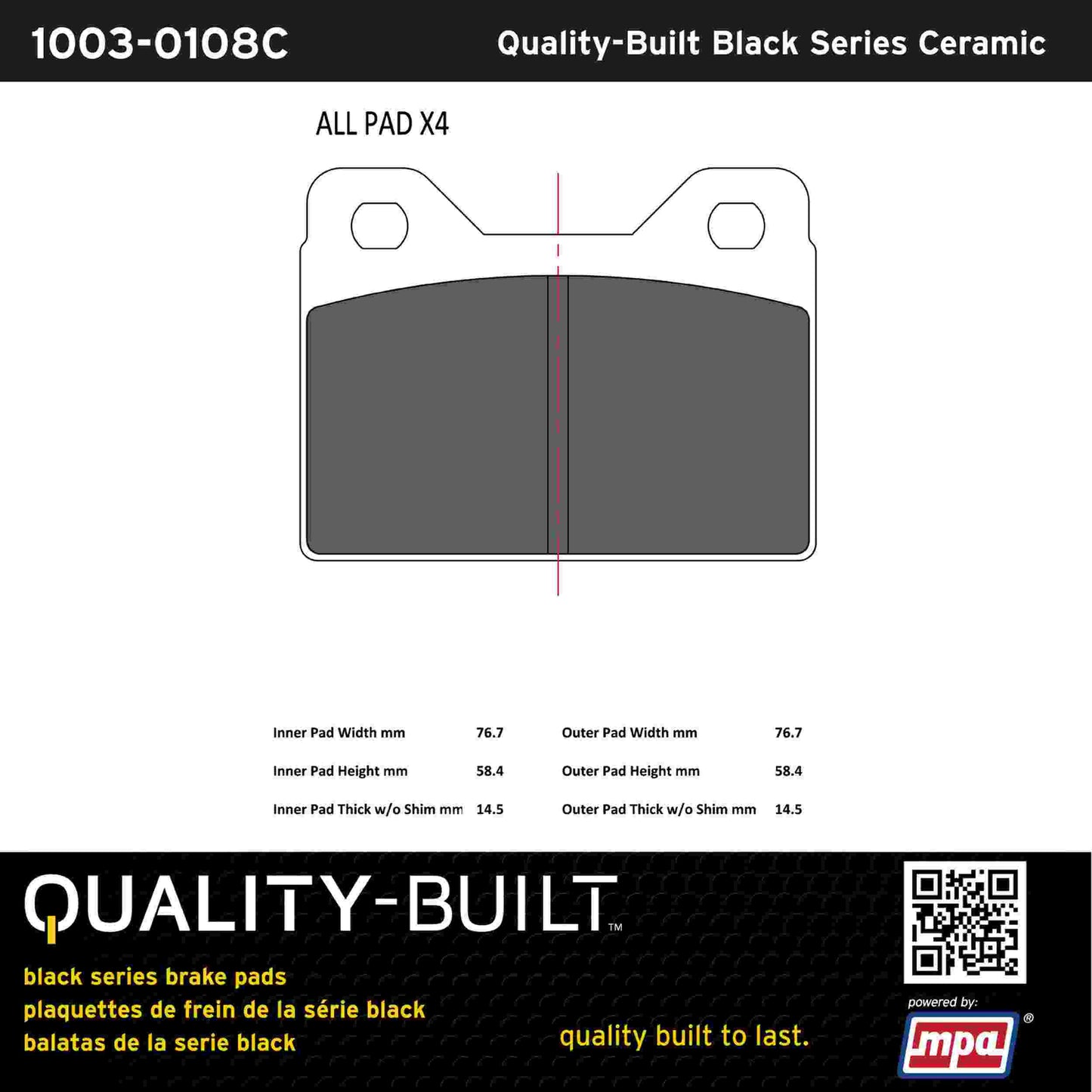 Quality-Built Black Series Ceramic Brake Pads 1003-0108C