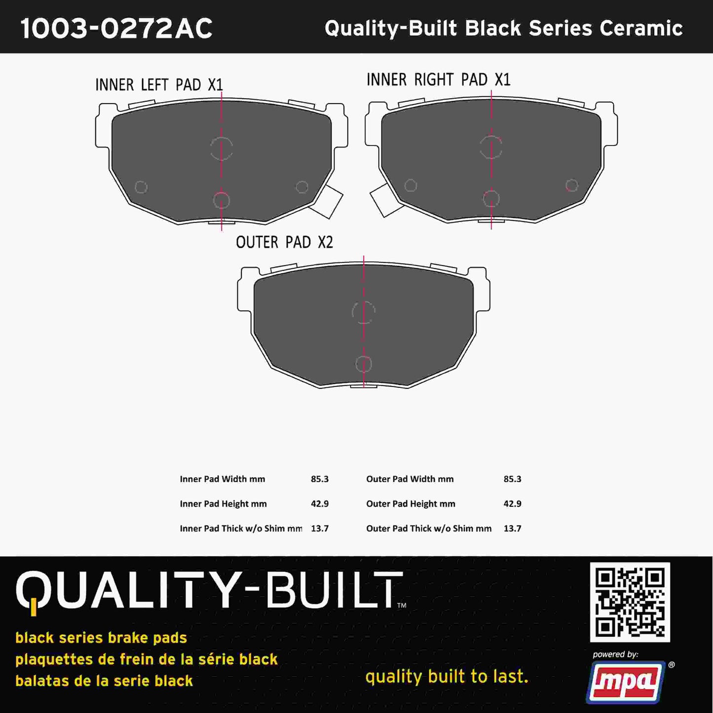 Quality-Built Black Series Ceramic Brake Pads 1003-0272AC