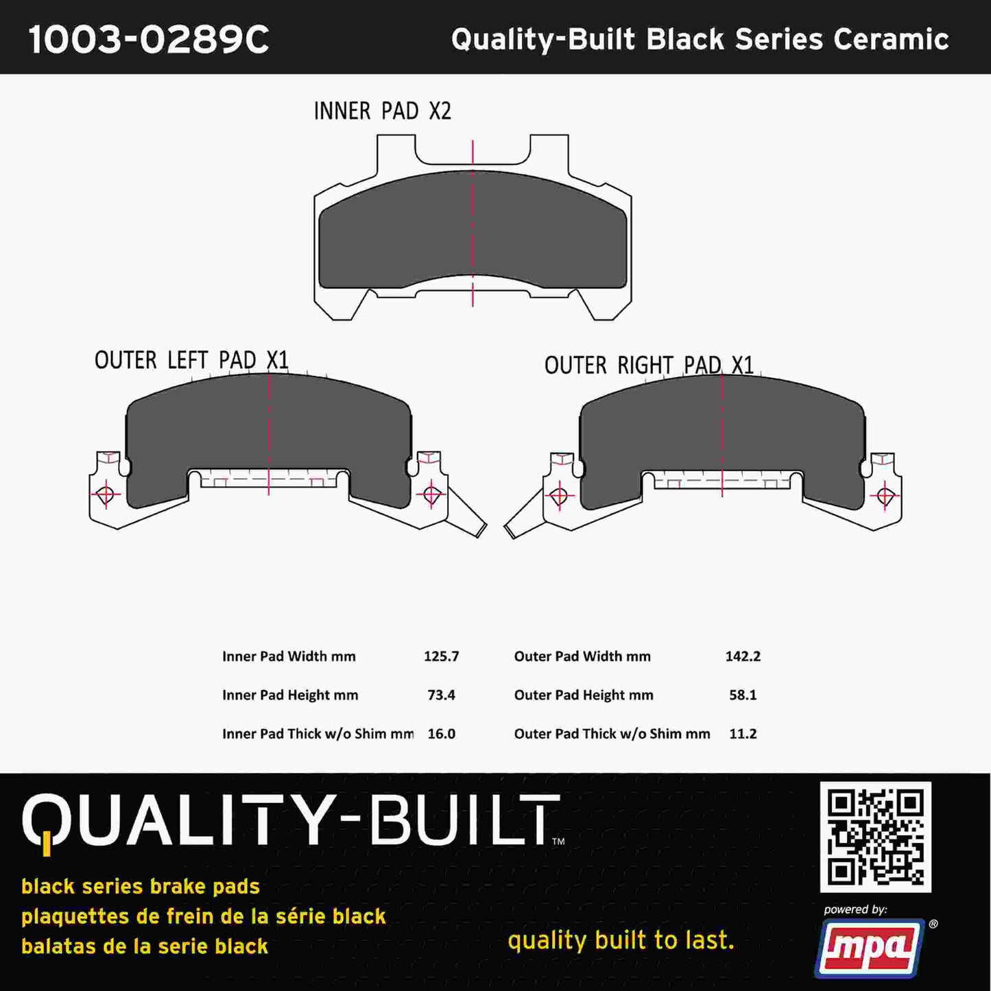 Quality-Built Black Series Ceramic Brake Pads 1003-0289C
