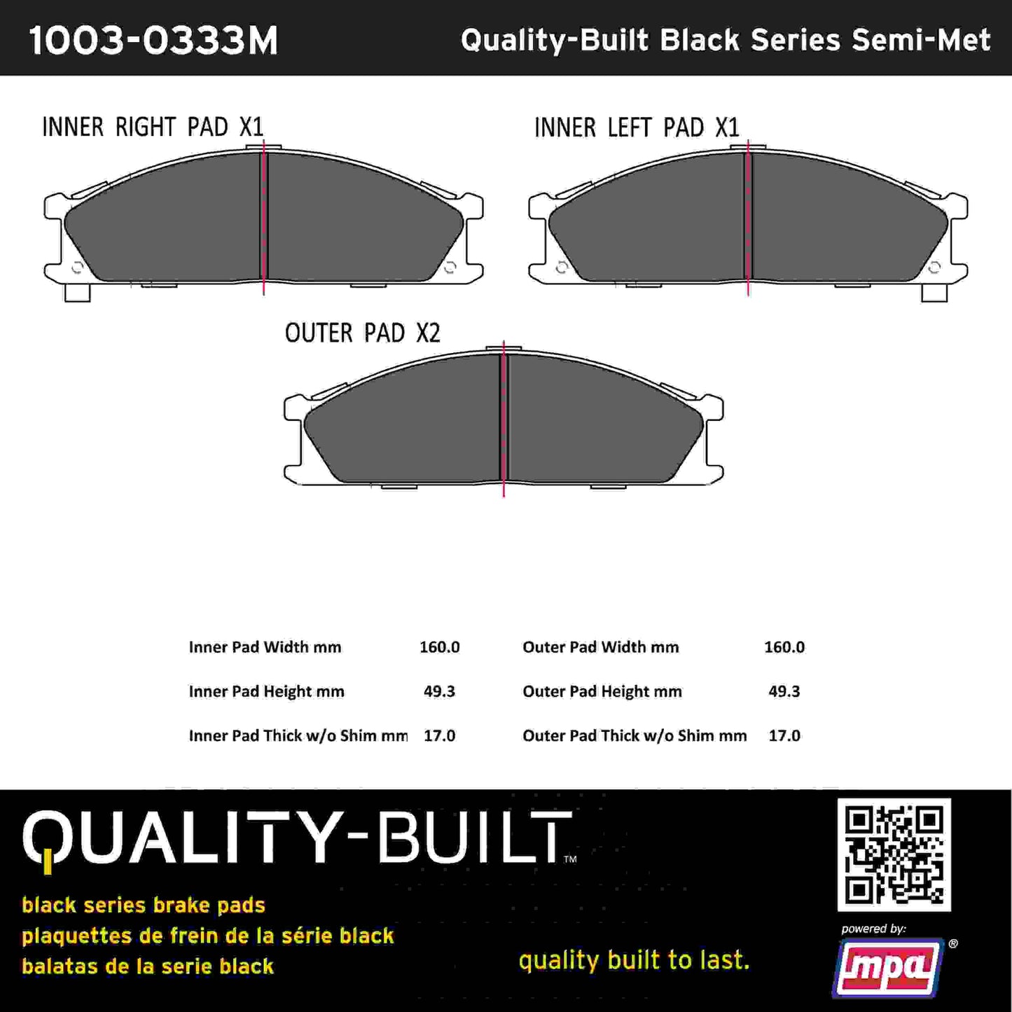 Quality-Built Black Series Semi-Metallic Brake Pads 1003-0333M