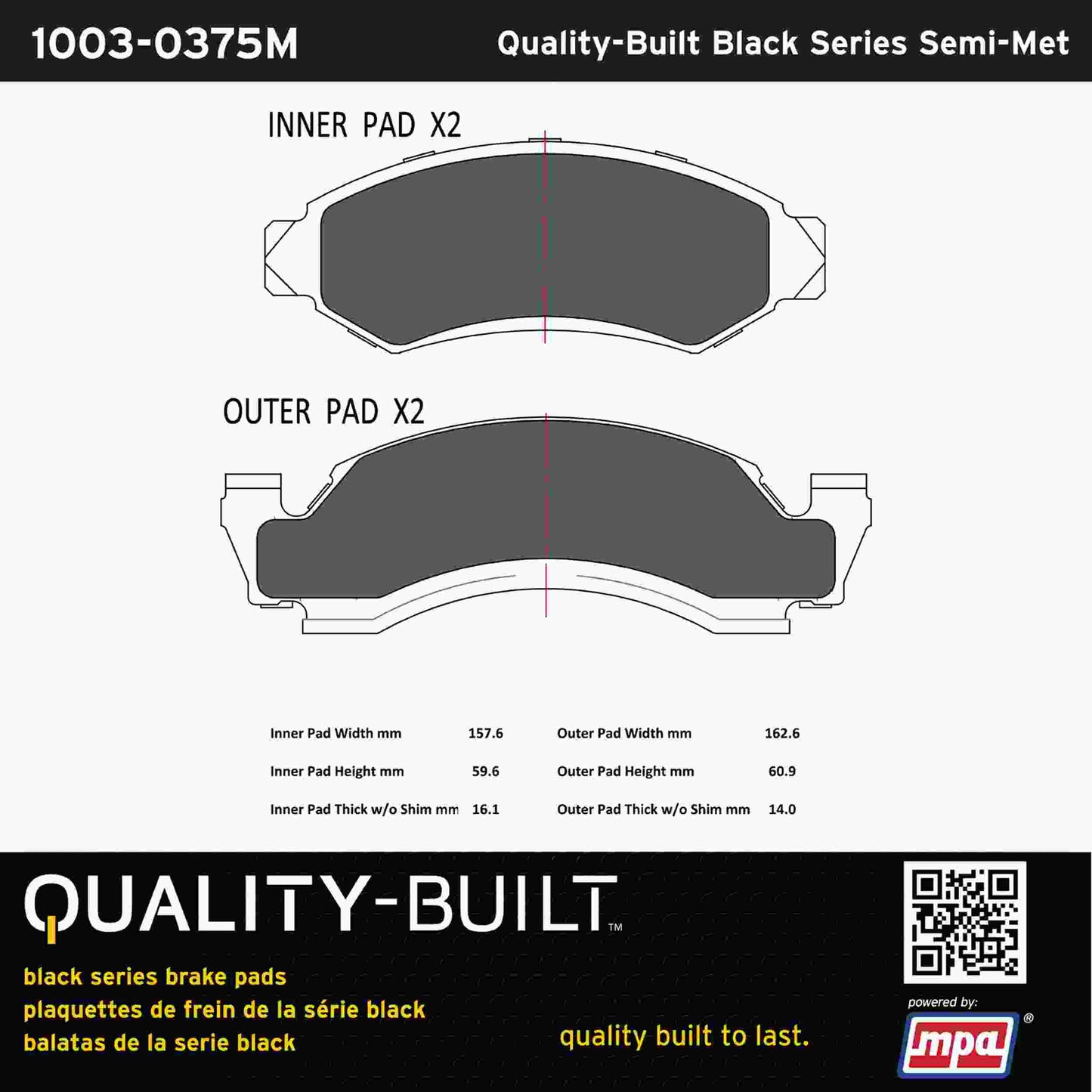 Quality-Built Black Series Semi-Metallic Brake Pads 1003-0375M