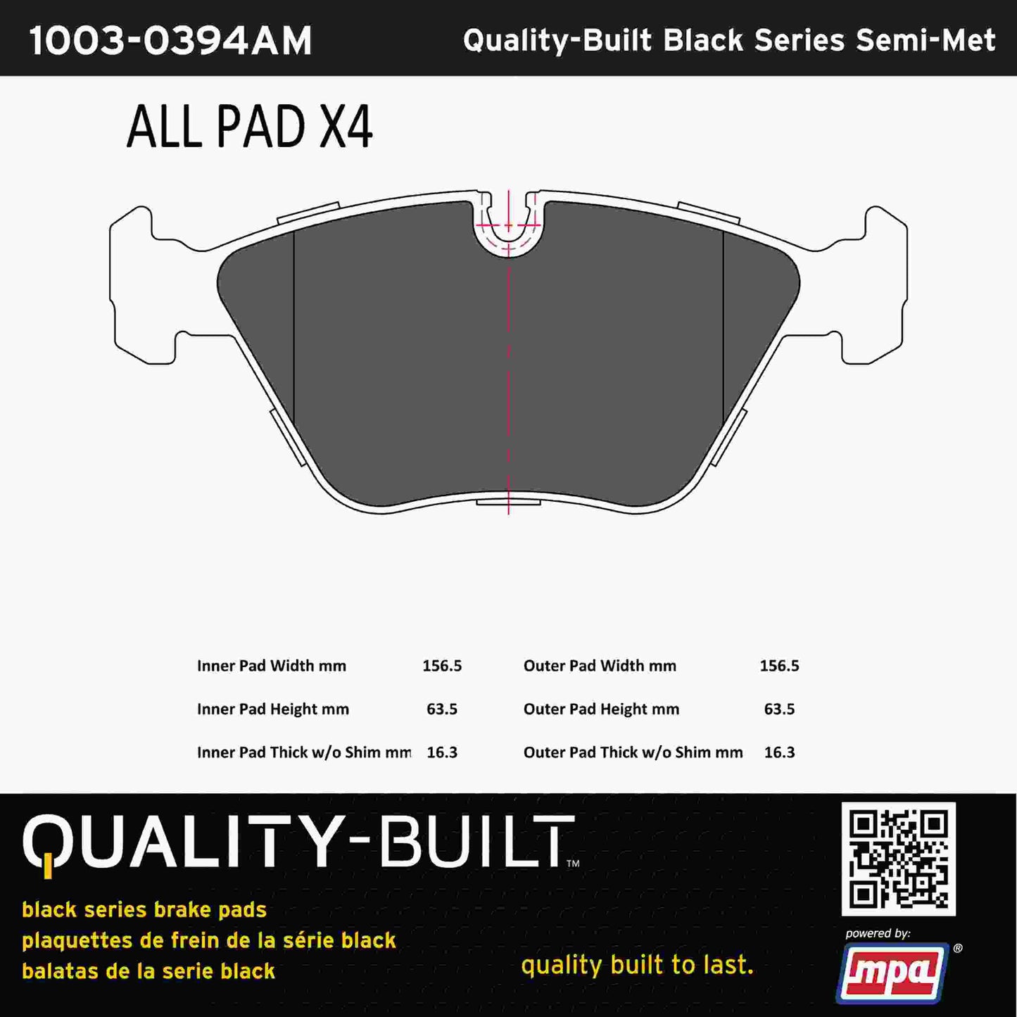 Quality-Built Black Series Semi-Metallic Brake Pads 1003-0394AM
