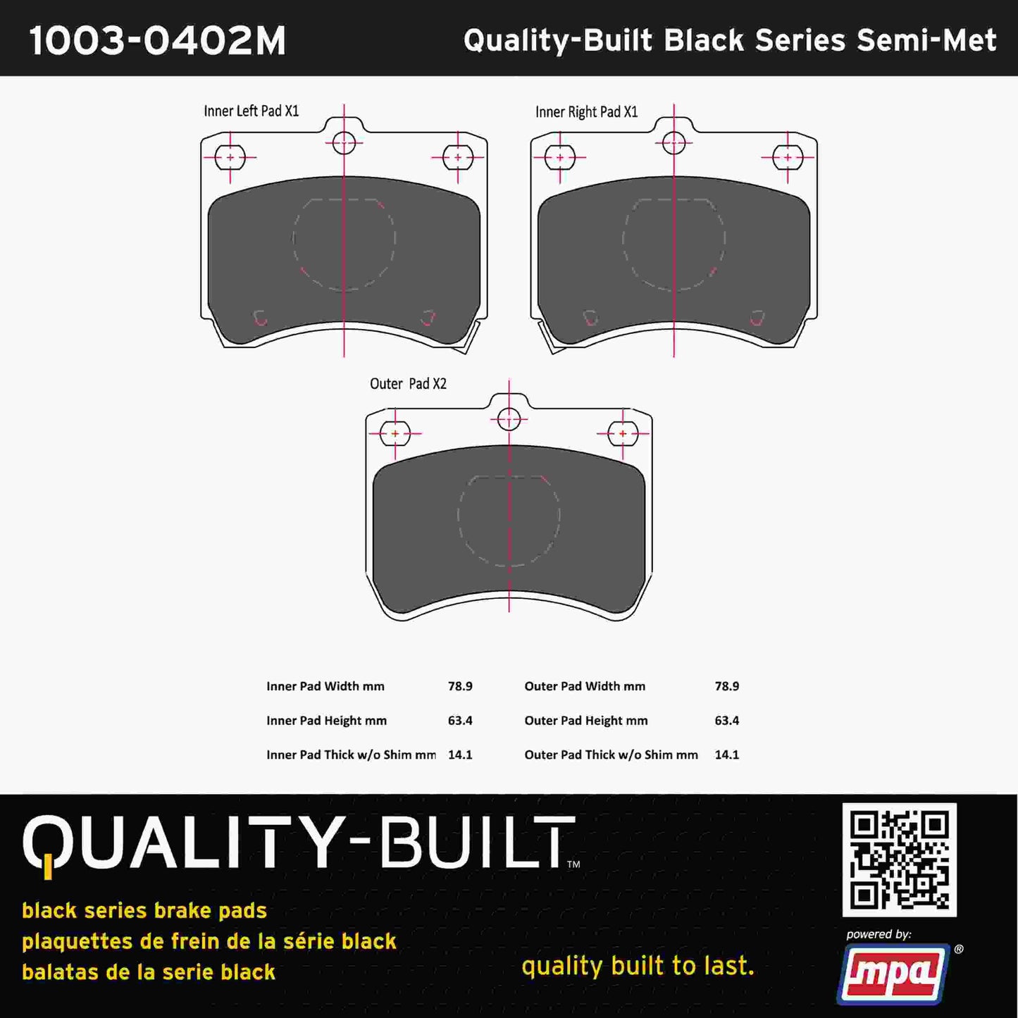 Quality-Built Black Series Semi-Metallic Brake Pads 1003-0402M