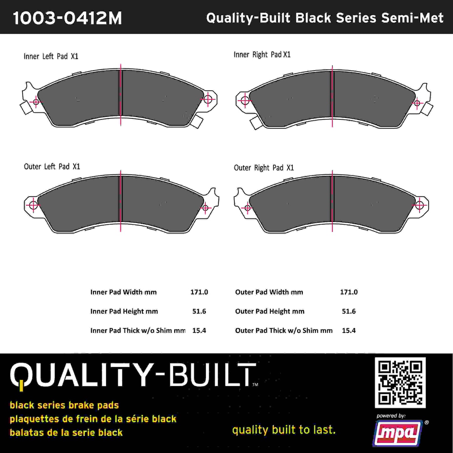 Quality-Built Black Series Semi-Metallic Brake Pads 1003-0412M