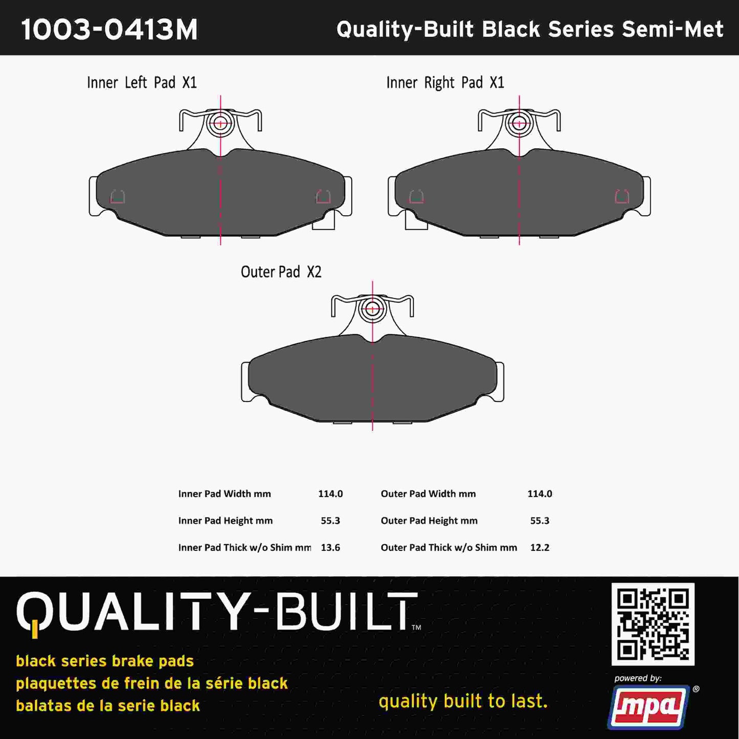 Quality-Built Black Series Semi-Metallic Brake Pads 1003-0413M