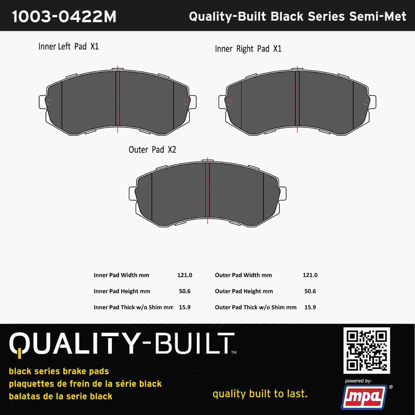 Quality-Built Black Series Semi-Metallic Brake Pads 1003-0422M