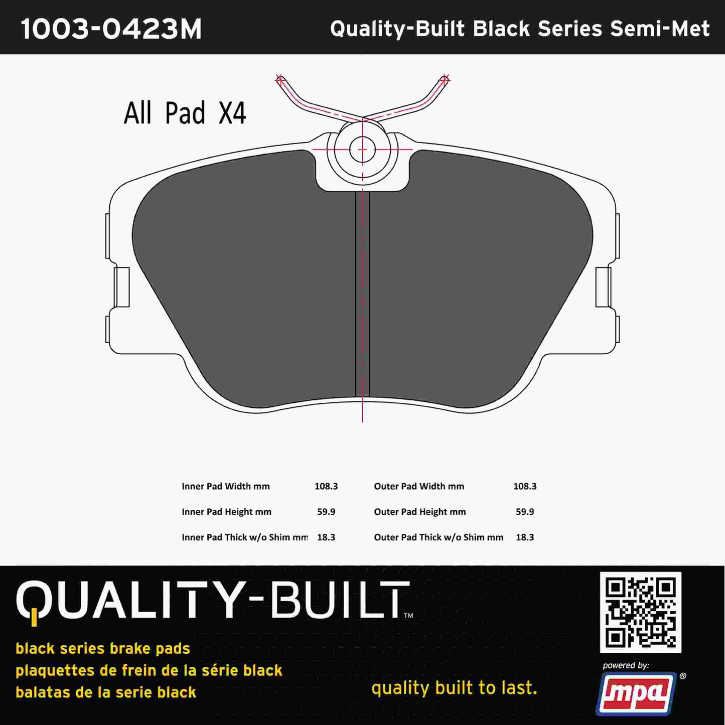 Quality-Built Black Series Semi-Metallic Brake Pads 1003-0423M