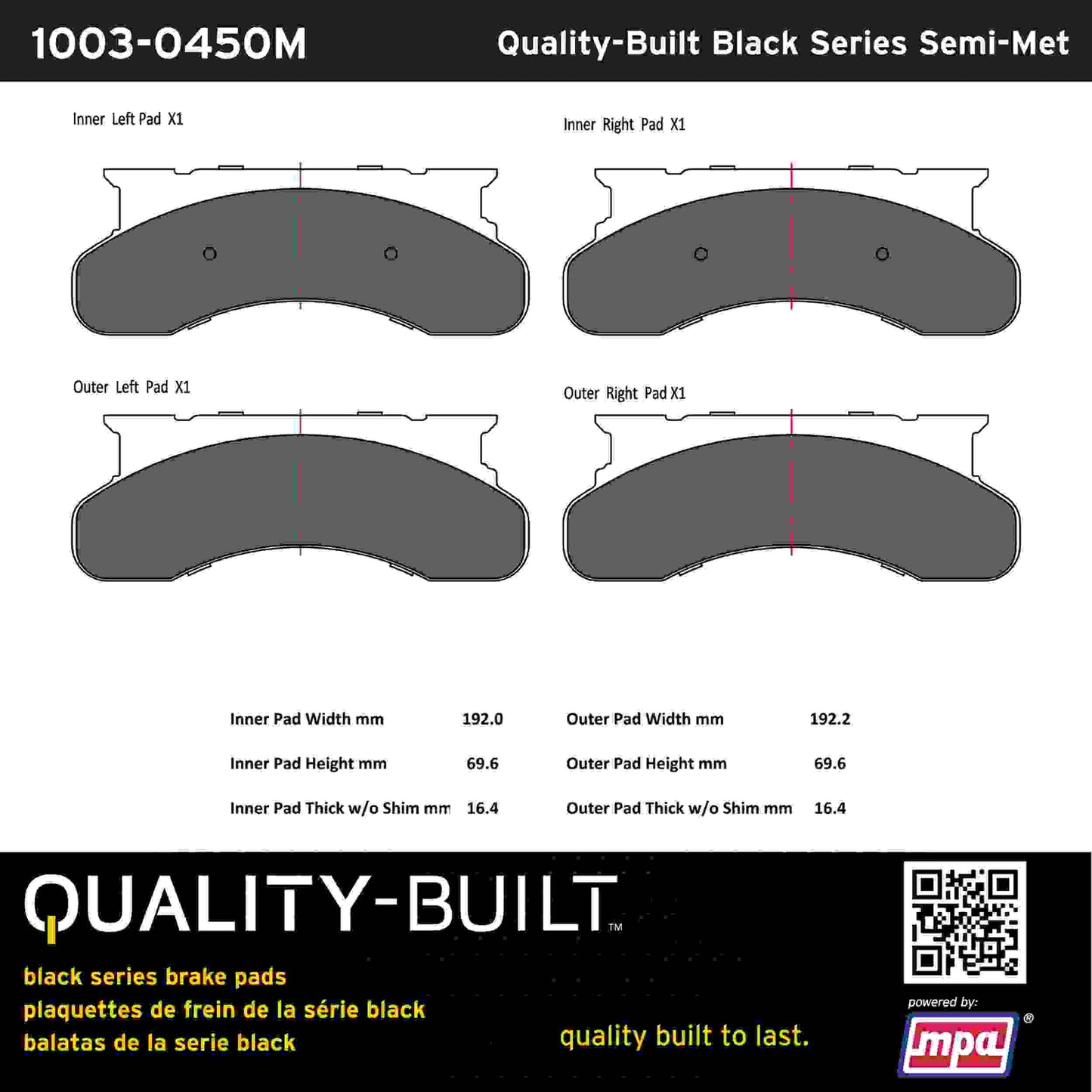 Quality-Built Black Series Semi-Metallic Brake Pads 1003-0450M