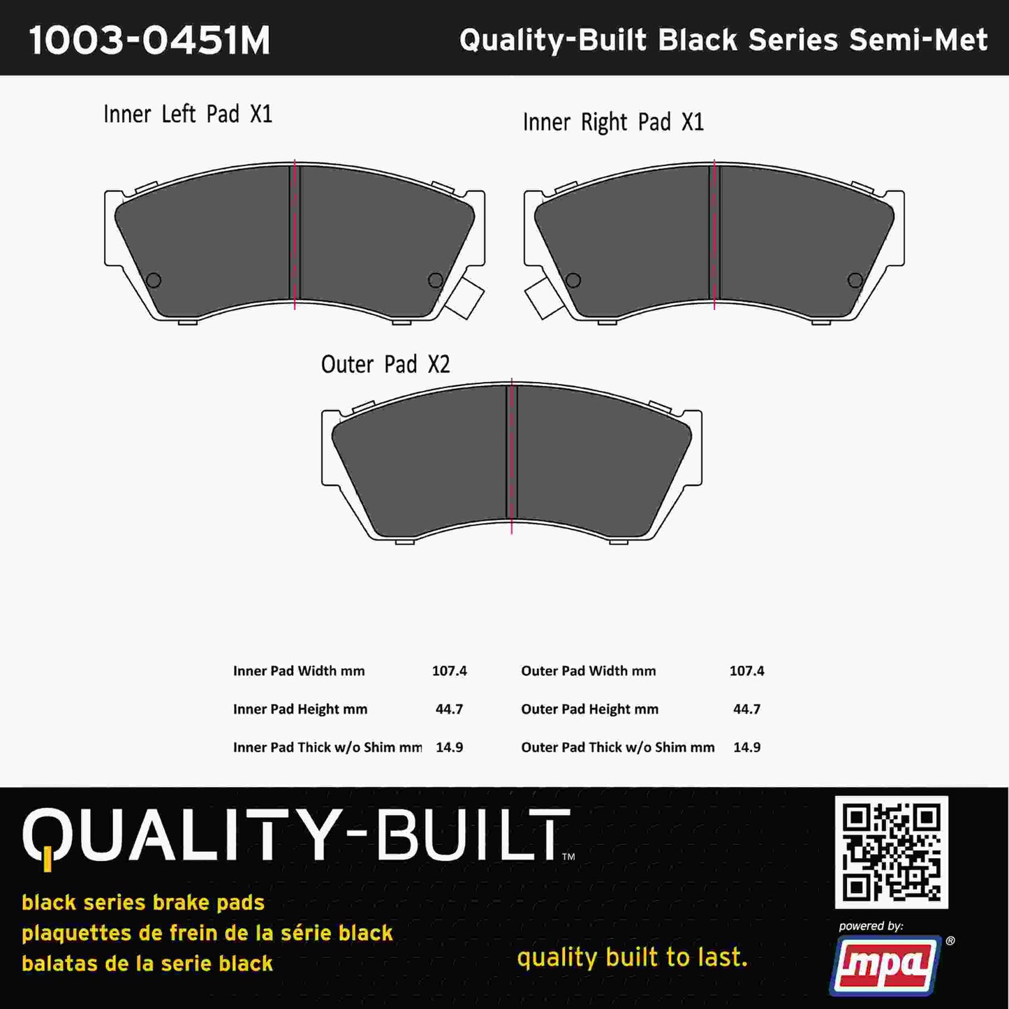 Quality-Built Black Series Semi-Metallic Brake Pads 1003-0451M