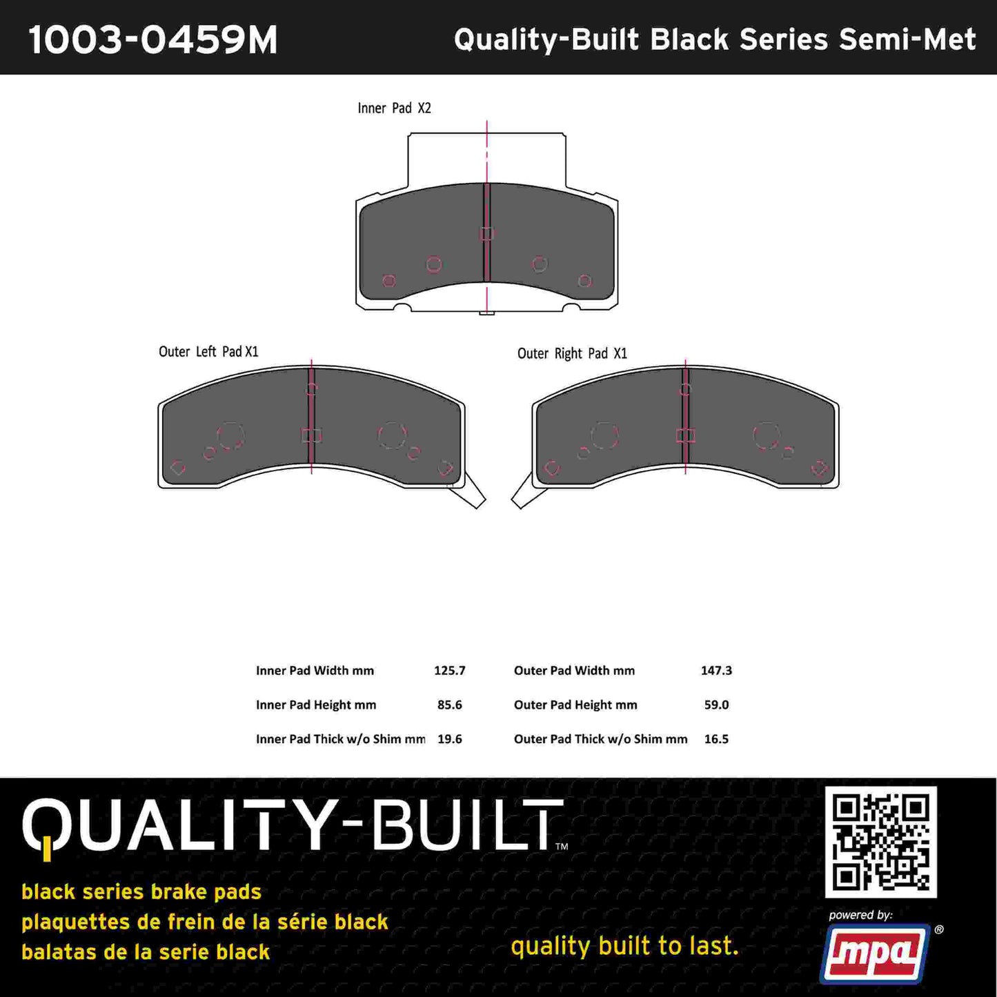 Quality-Built Black Series Semi-Metallic Brake Pads 1003-0459M