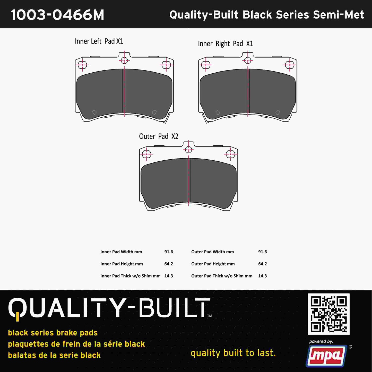 Quality-Built Black Series Semi-Metallic Brake Pads 1003-0466M