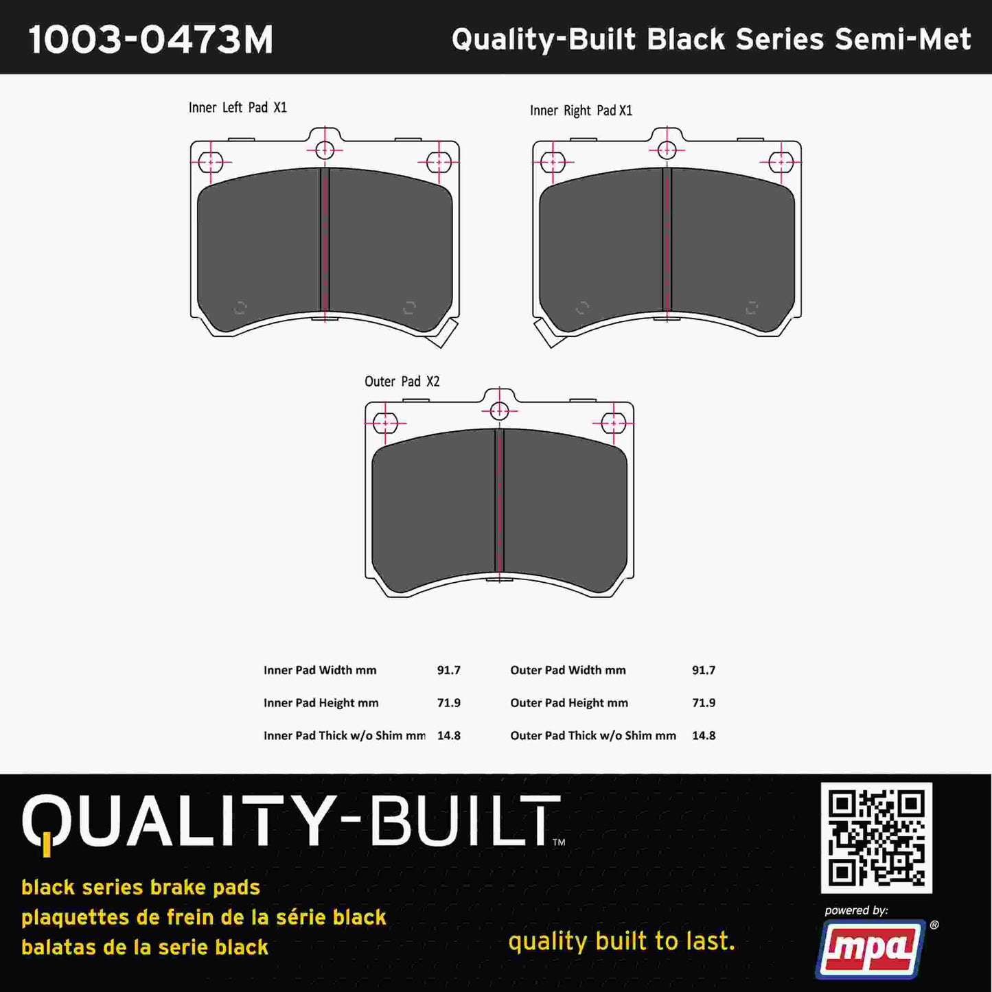 Quality-Built Black Series Semi-Metallic Brake Pads 1003-0473M