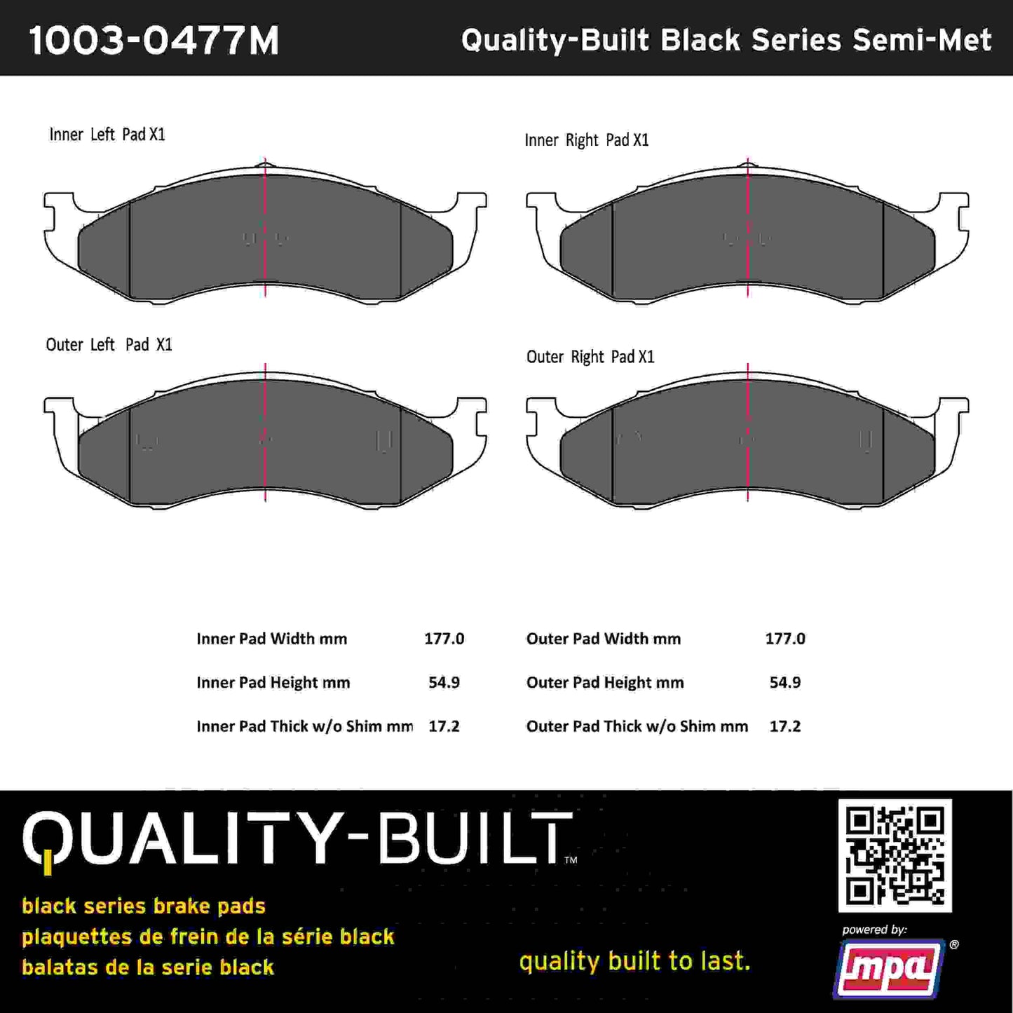 Quality-Built Black Series Semi-Metallic Brake Pads 1003-0477M