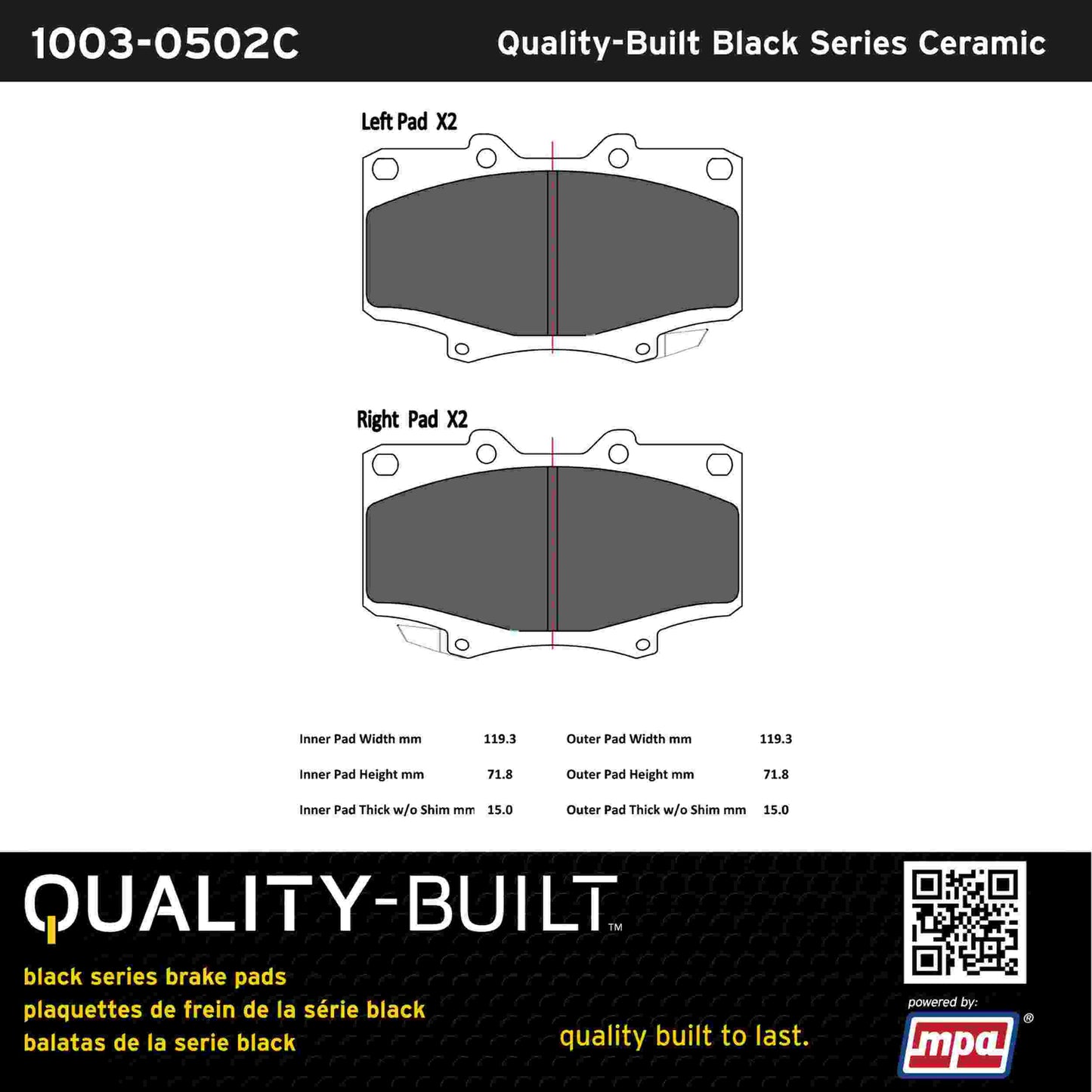 Quality-Built Black Series Ceramic Brake Pads 1003-0502C