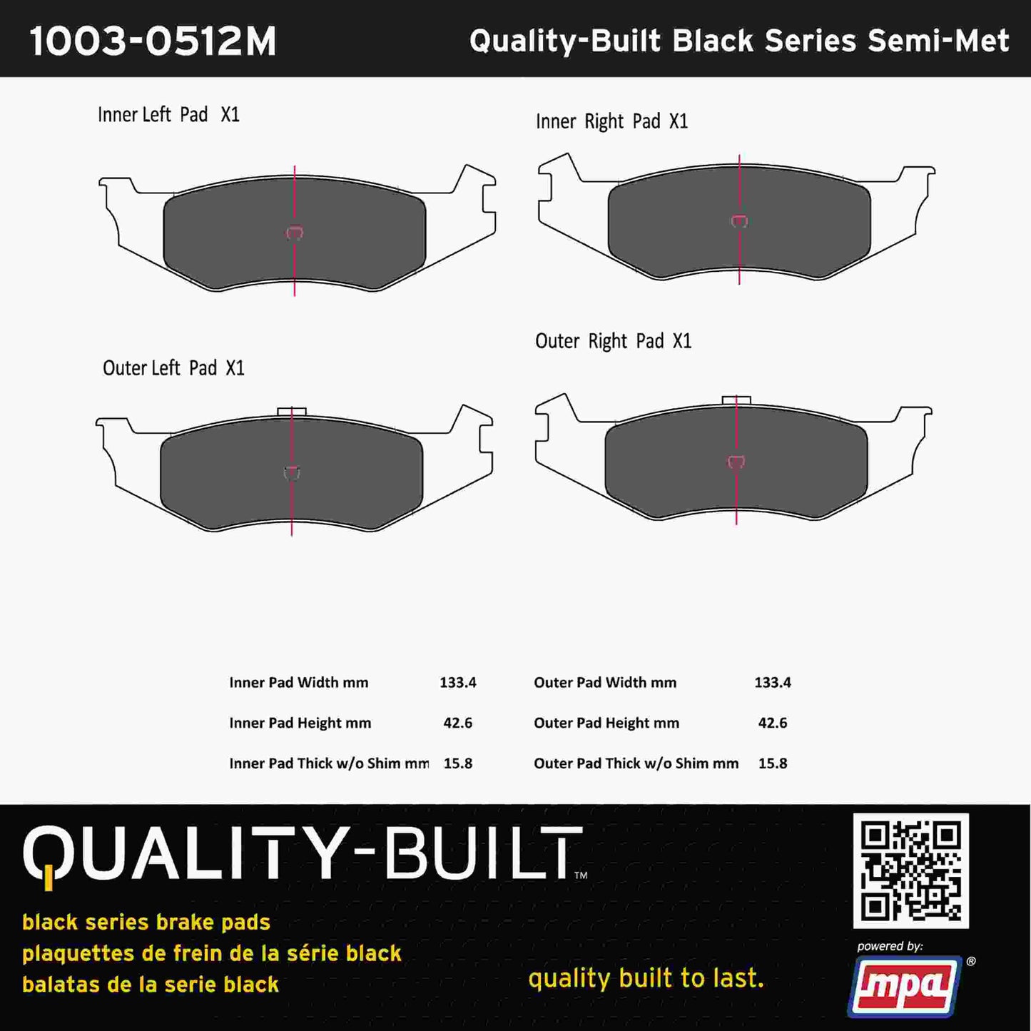 Quality-Built Black Series Semi-Metallic Brake Pads 1003-0512M