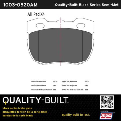 Quality-Built Black Series Semi-Metallic Brake Pads 1003-0520AM