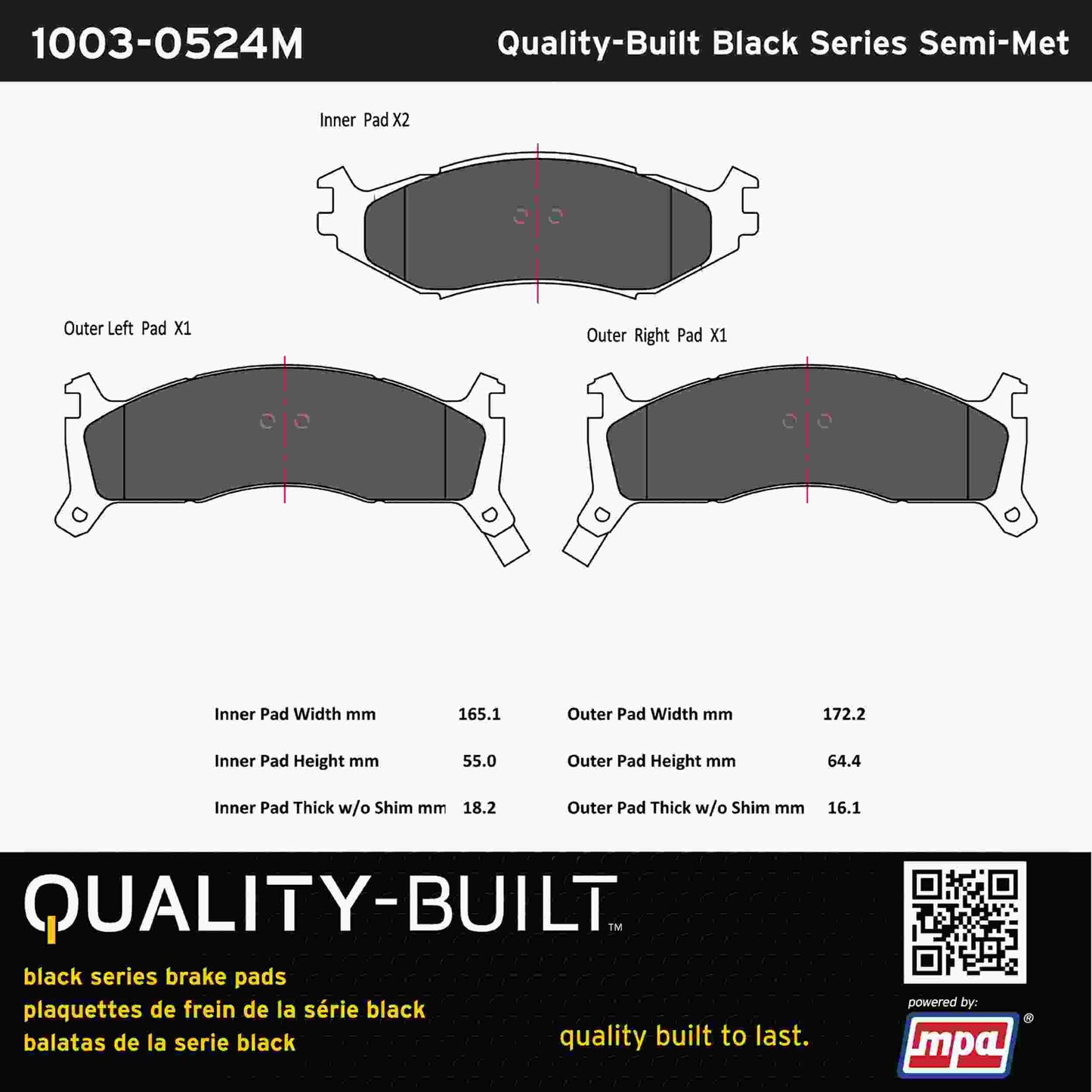 Quality-Built Black Series Semi-Metallic Brake Pads 1003-0524M