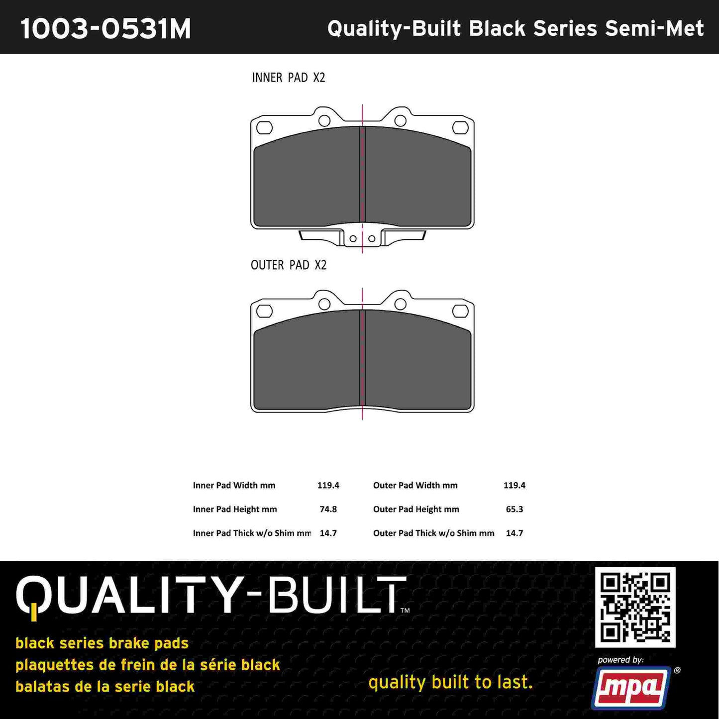 Quality-Built Black Series Semi-Metallic Brake Pads 1003-0531M