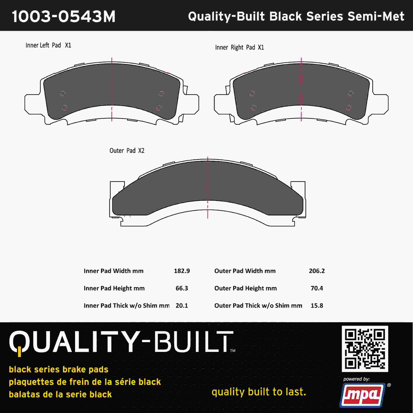 Quality-Built Black Series Semi-Metallic Brake Pads 1003-0543M