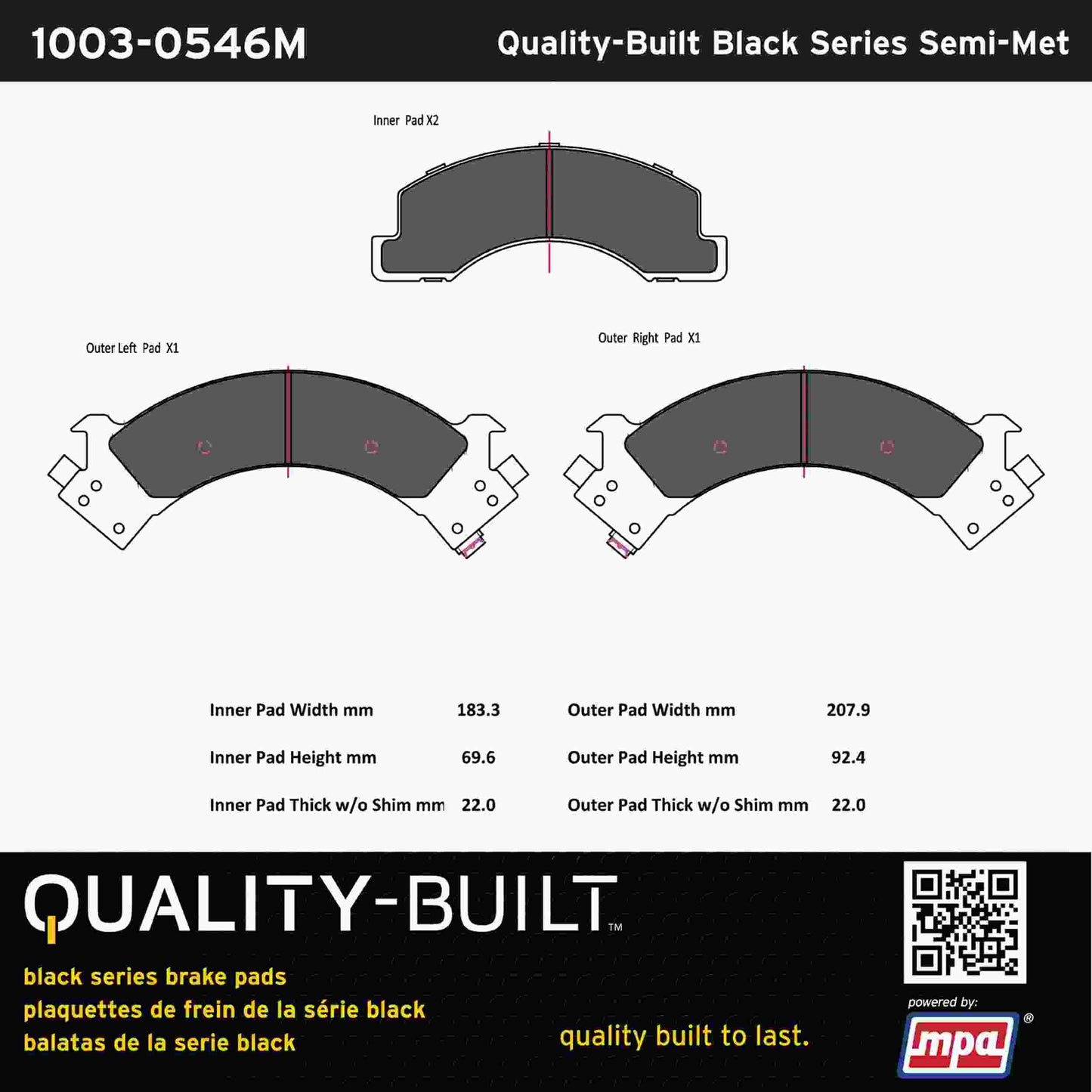 Quality-Built Black Series Semi-Metallic Brake Pads 1003-0546M