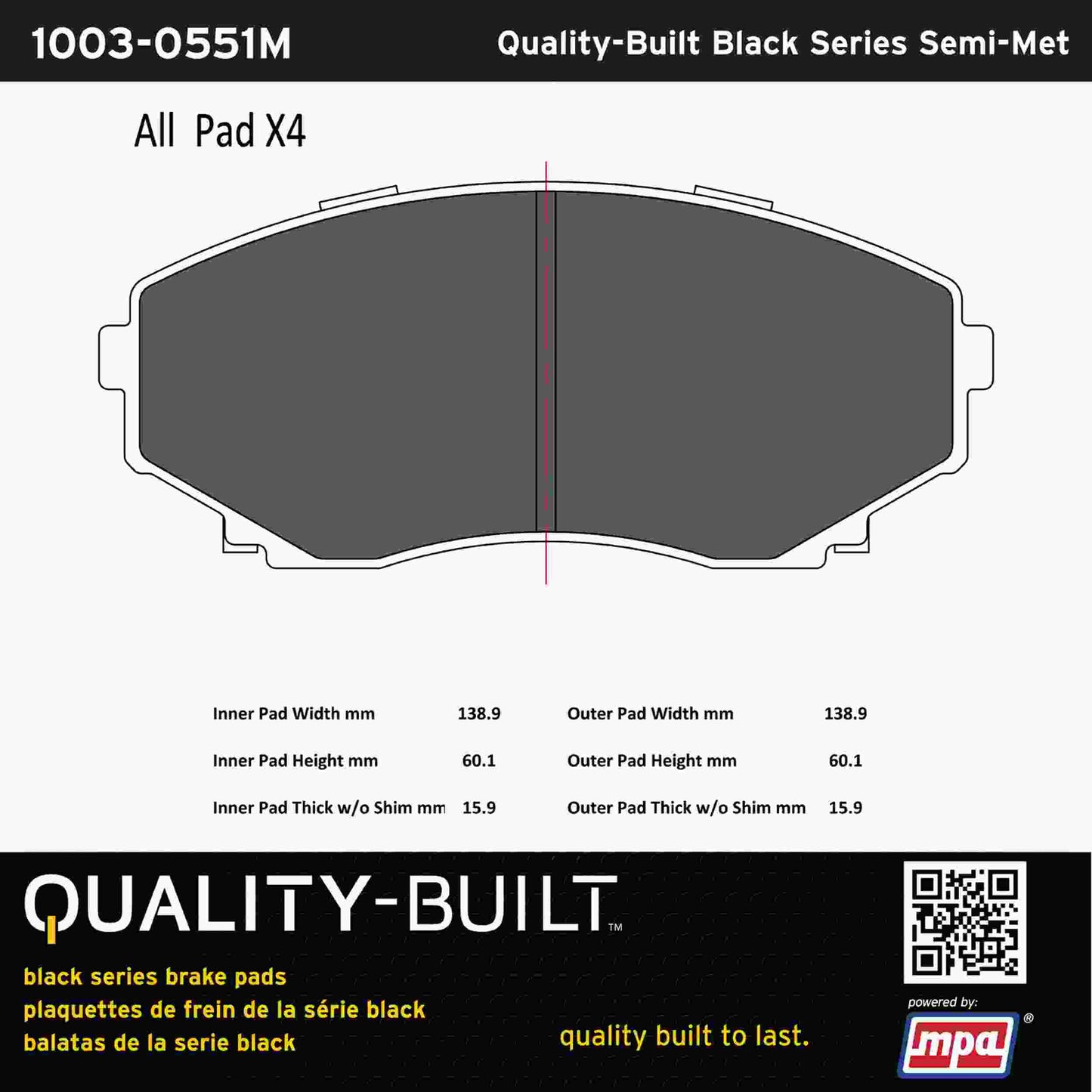 Quality-Built Black Series Semi-Metallic Brake Pads 1003-0551M