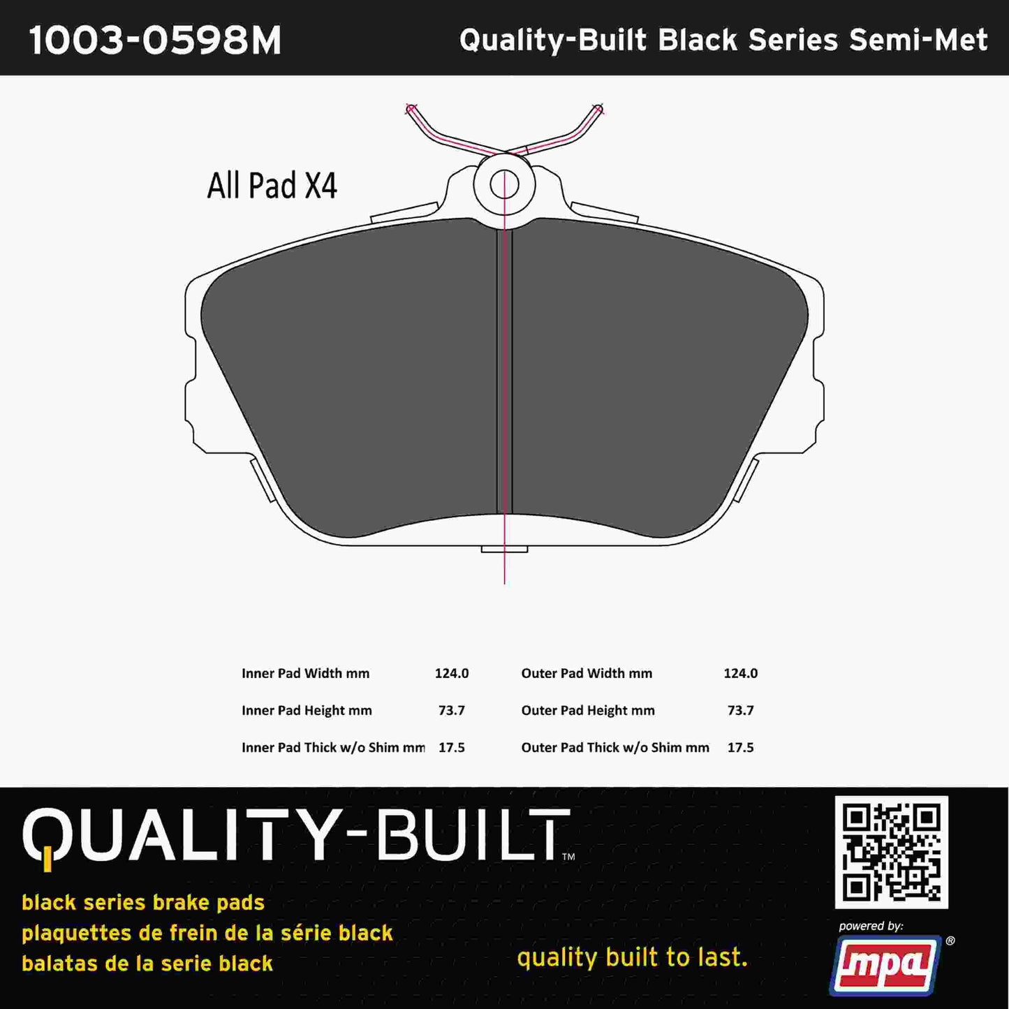 Quality-Built Black Series Semi-Metallic Brake Pads 1003-0598M