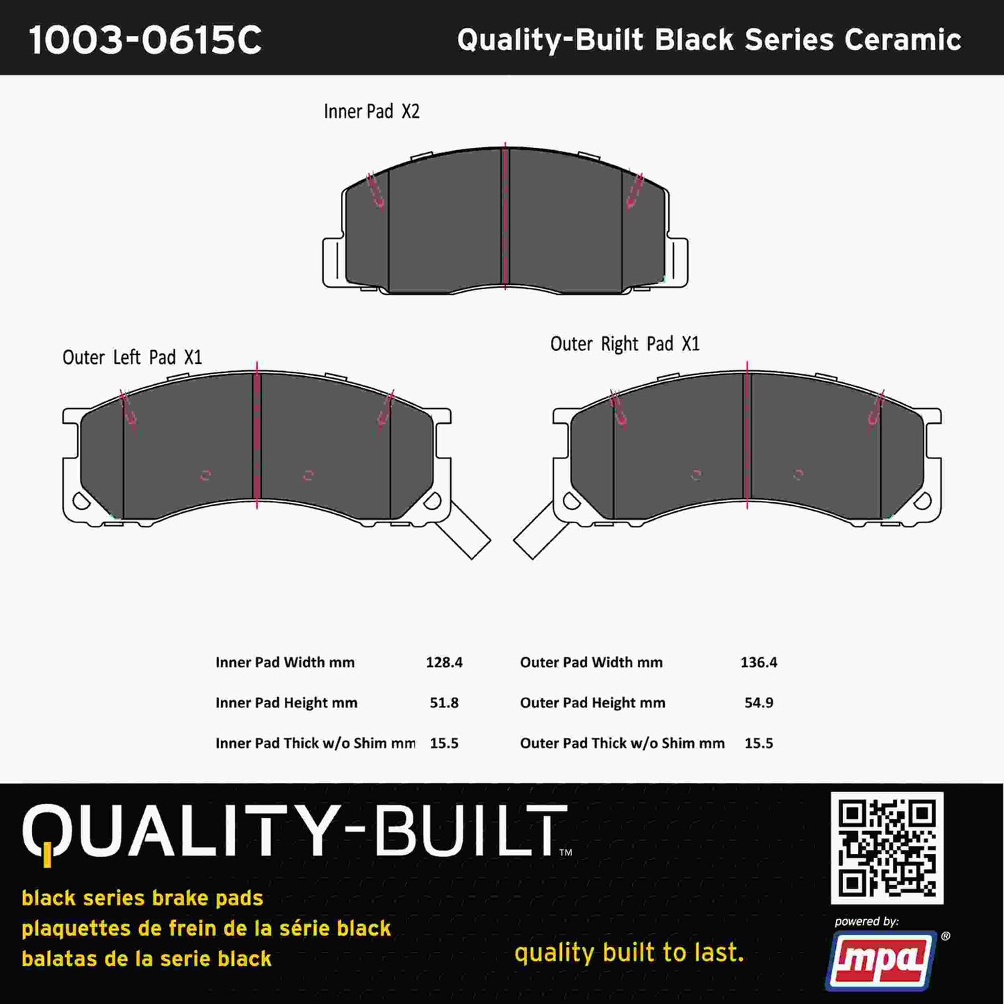 Quality-Built Black Series Ceramic Brake Pads 1003-0615C