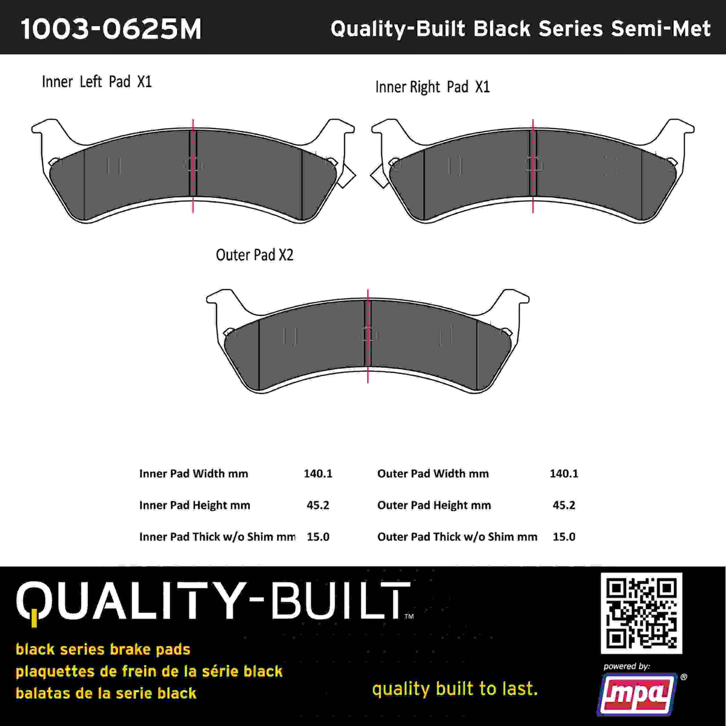 Quality-Built Black Series Semi-Metallic Brake Pads 1003-0625M