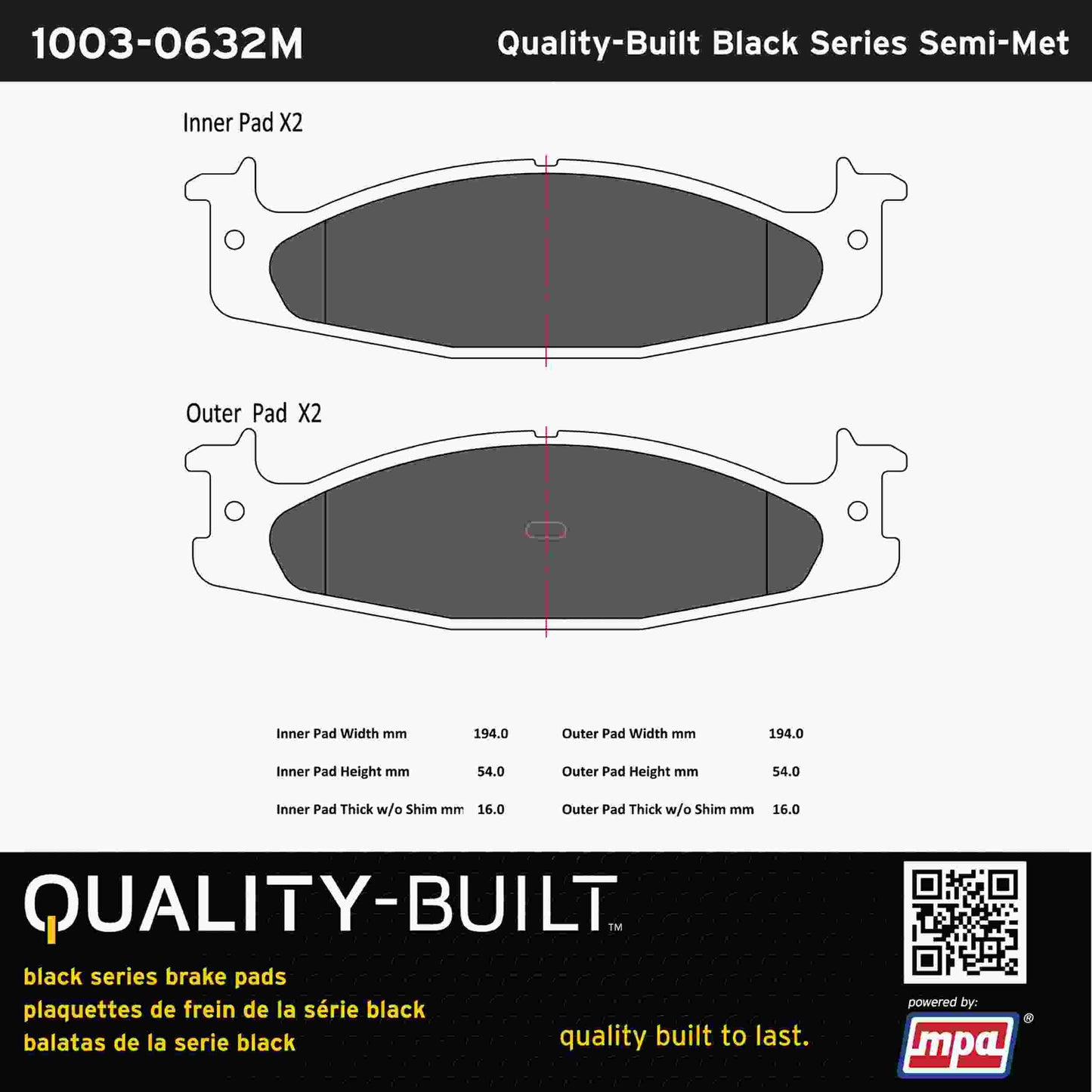 Quality-Built Black Series Semi-Metallic Brake Pads 1003-0632M