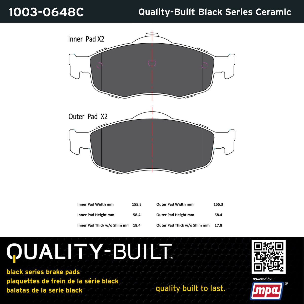 Quality-Built Black Series Ceramic Brake Pads 1003-0648C
