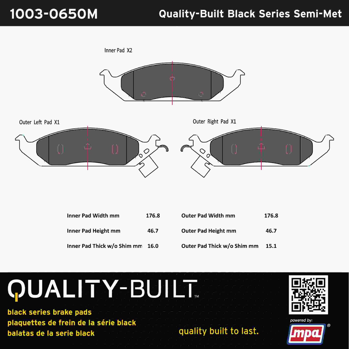 Quality-Built Black Series Semi-Metallic Brake Pads 1003-0650M