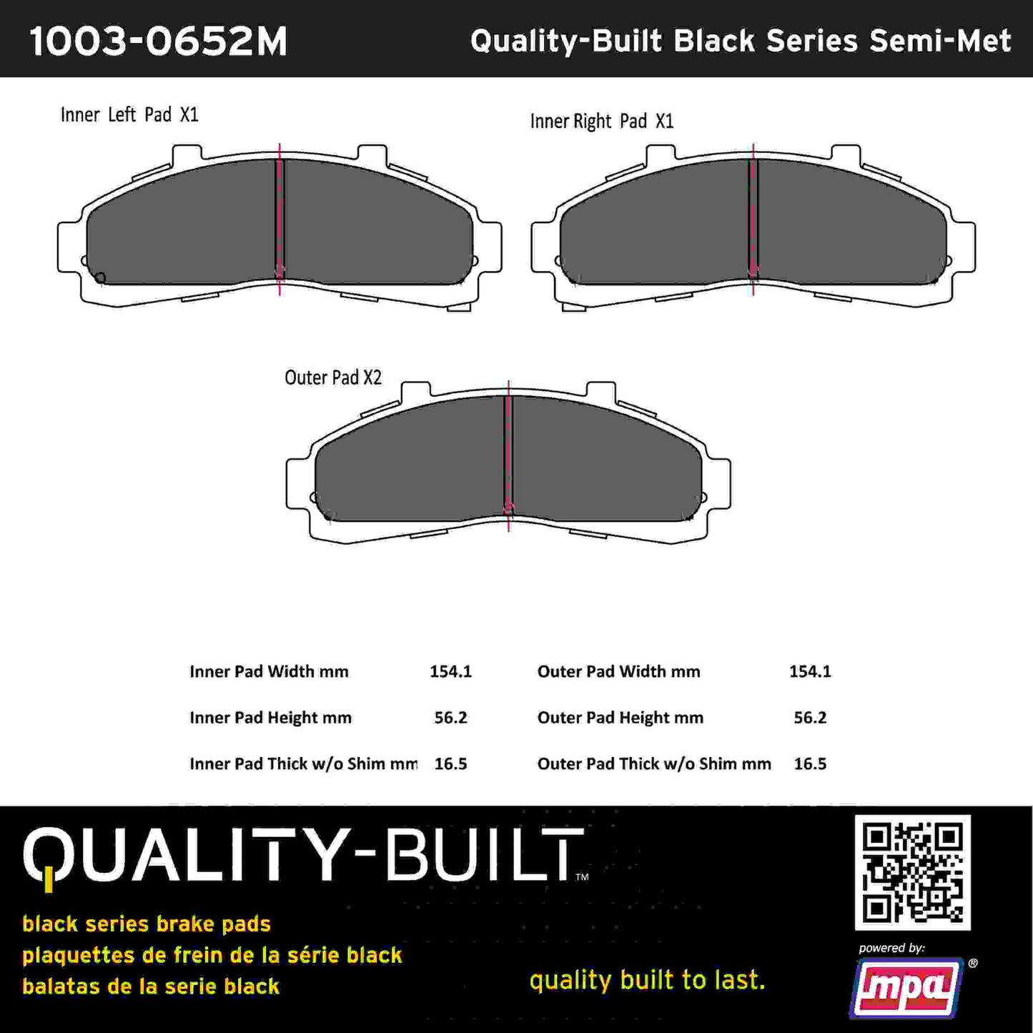 Quality-Built Black Series Semi-Metallic Brake Pads 1003-0652M
