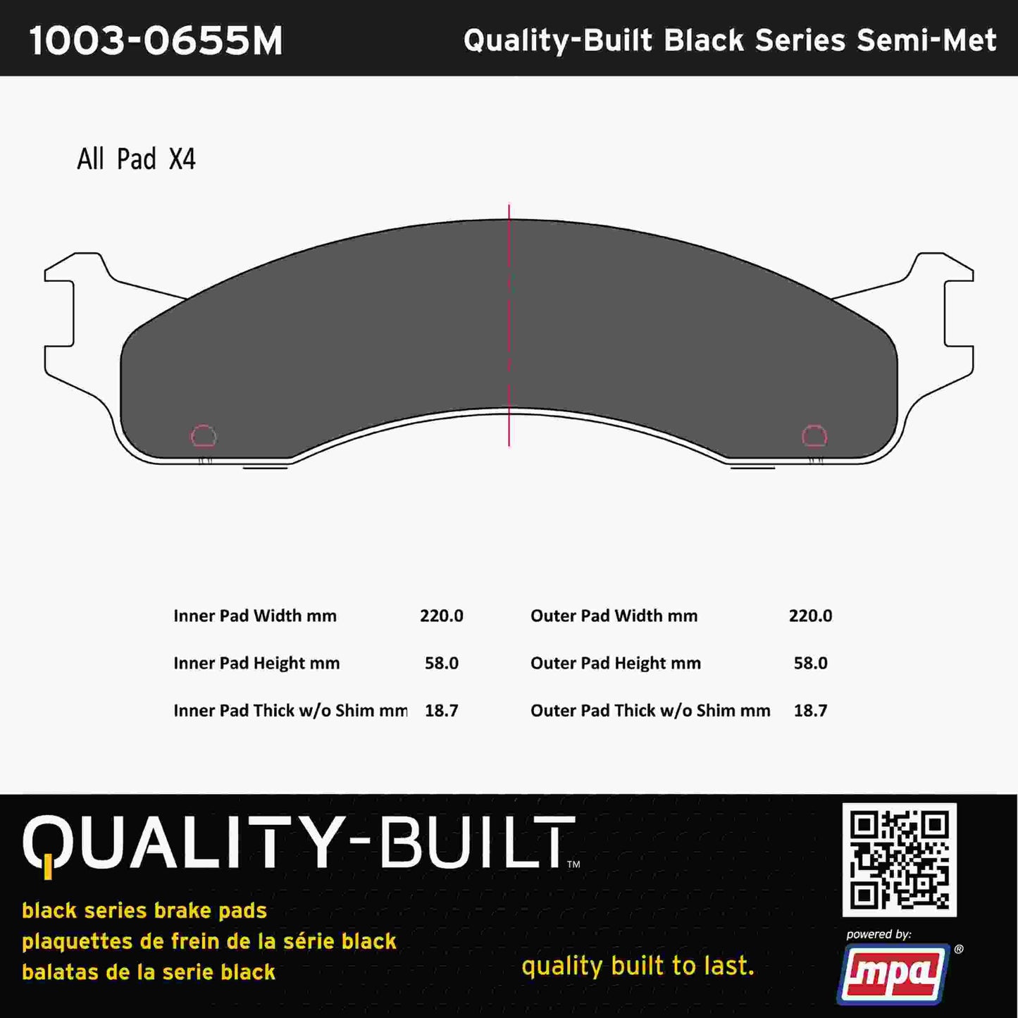 Quality-Built Black Series Semi-Metallic Brake Pads 1003-0655M