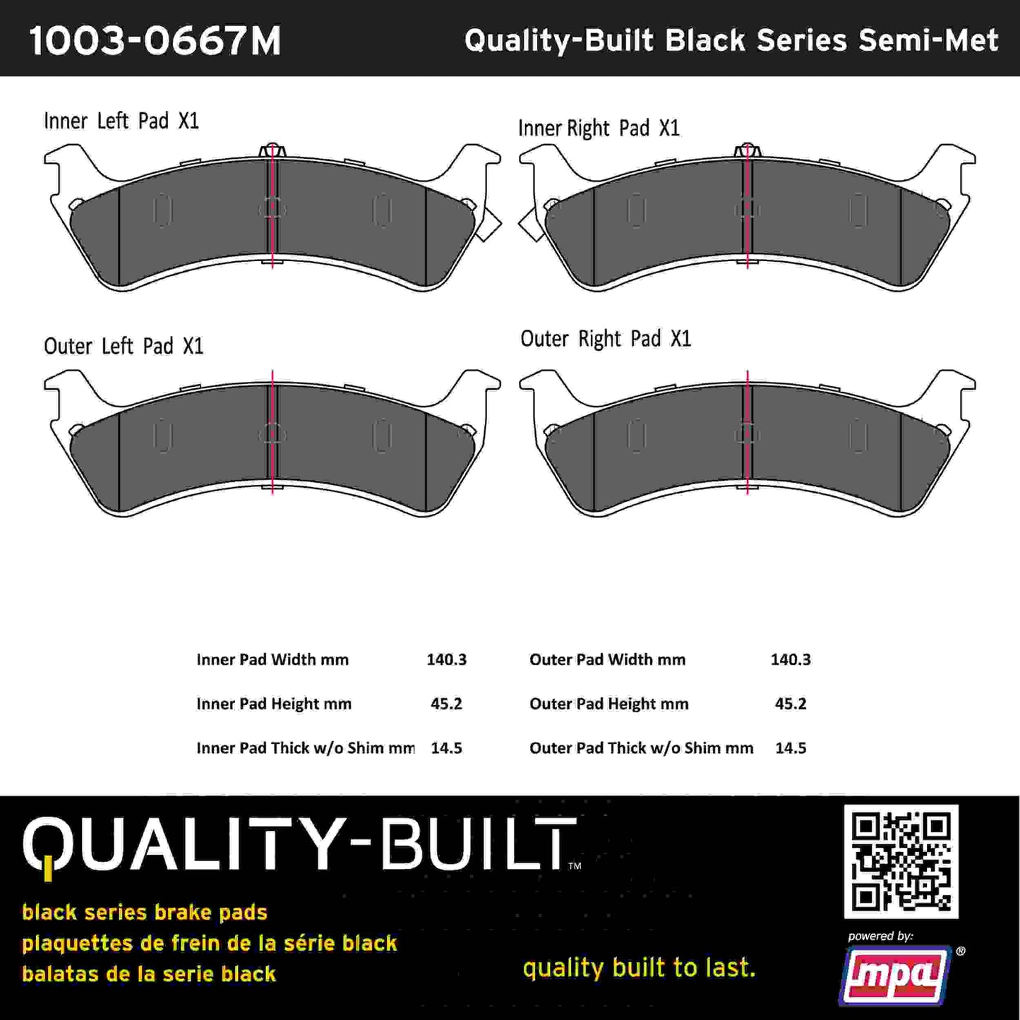 Quality-Built Black Series Semi-Metallic Brake Pads 1003-0667M