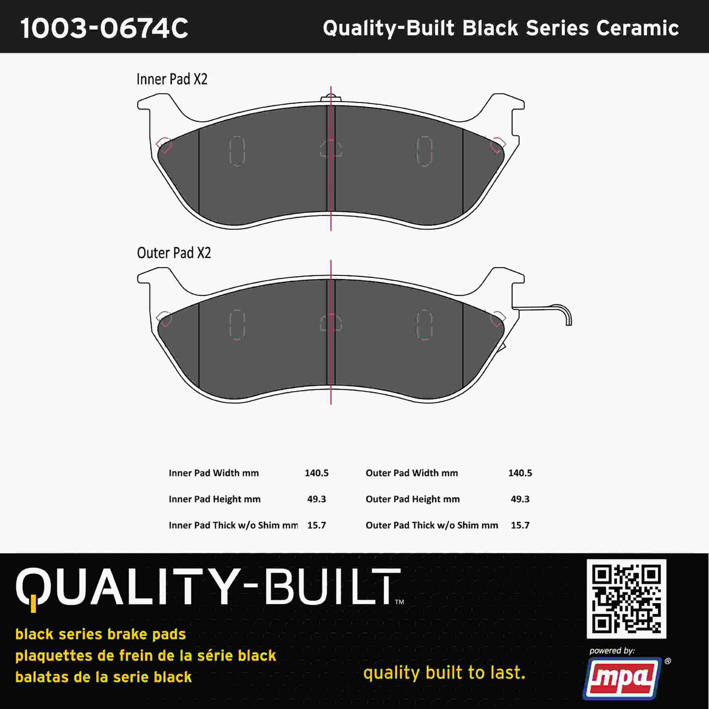 Quality-Built Black Series Ceramic Brake Pads 1003-0674C