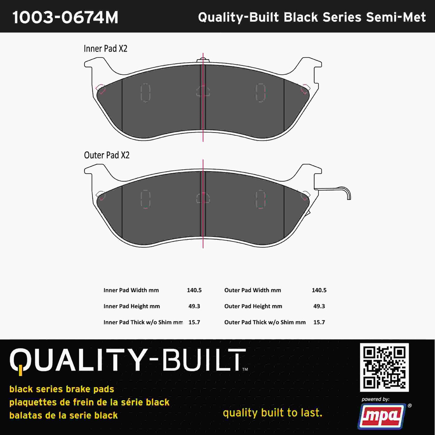 Quality-Built Black Series Semi-Metallic Brake Pads 1003-0674M