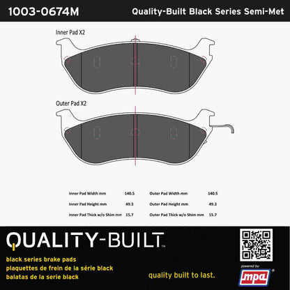 Quality-Built Black Series Semi-Metallic Brake Pads 1003-0674M