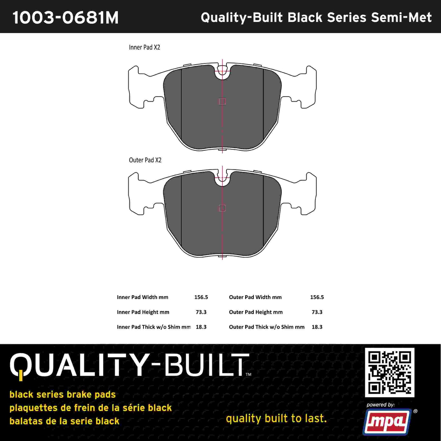 Quality-Built Black Series Semi-Metallic Brake Pads 1003-0681M