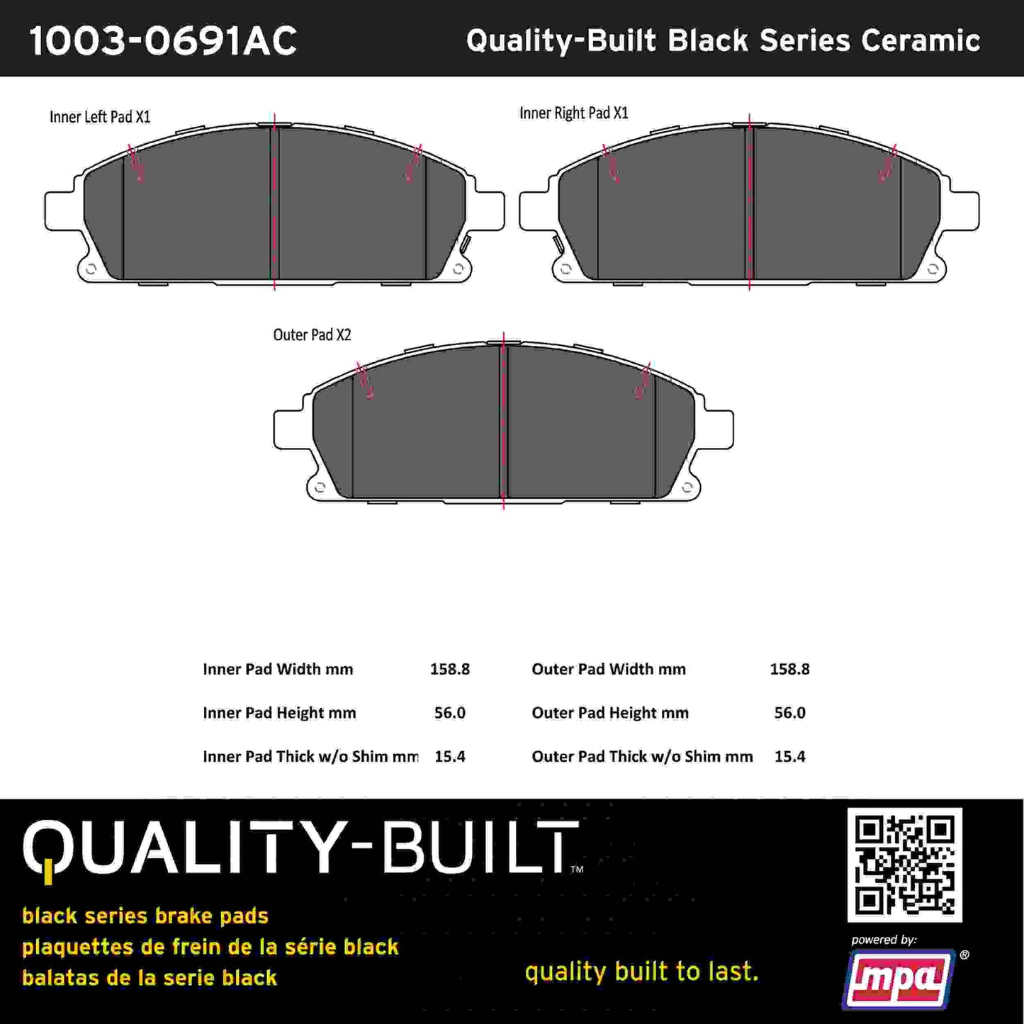 Quality-Built Black Series Ceramic Brake Pads 1003-0691AC