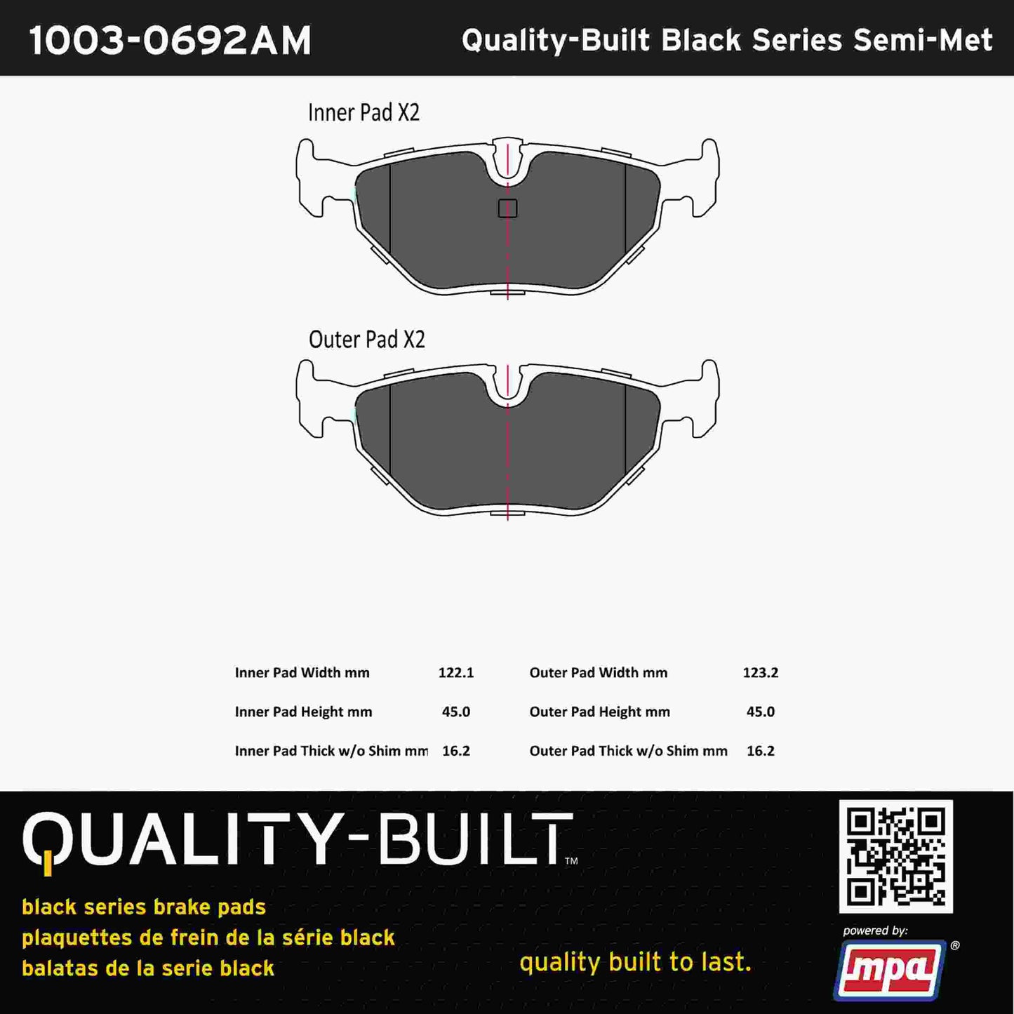 Quality-Built Black Series Semi-Metallic Brake Pads 1003-0692AM