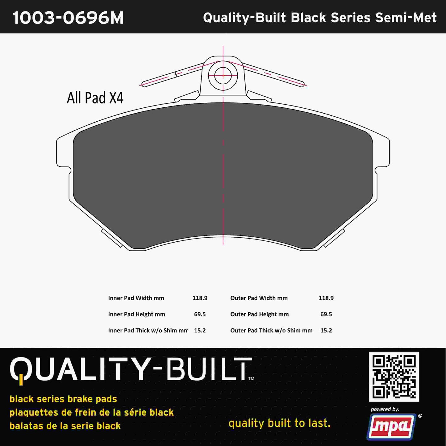 Quality-Built Black Series Semi-Metallic Brake Pads 1003-0696M